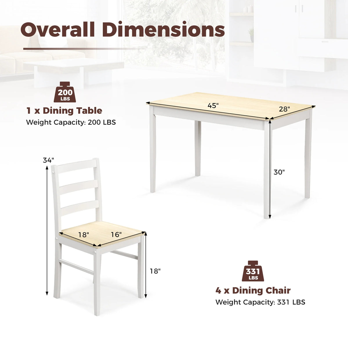 Costway 5-Piece Dining Set Solid Wood Kitchen Furniture with Rectangular Table & 4 Chairs