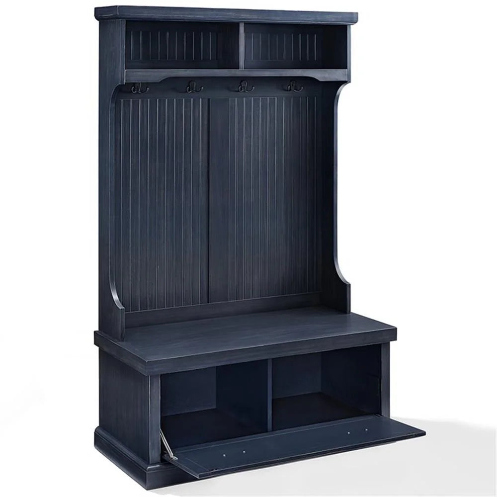 Bowery Hill 4-Hook Coastal Wood Hall Tree in Distressed Navy