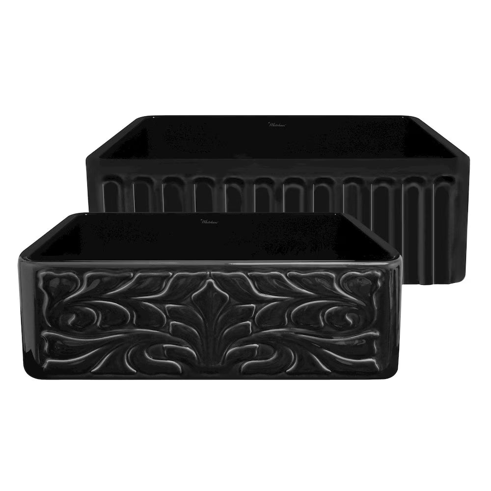 Farmhaus Fireclay Reversible Sink with a Gothichaus Swirl Design Front Apron on One Side, and a Fluted Front Apron on the Opposite Side.