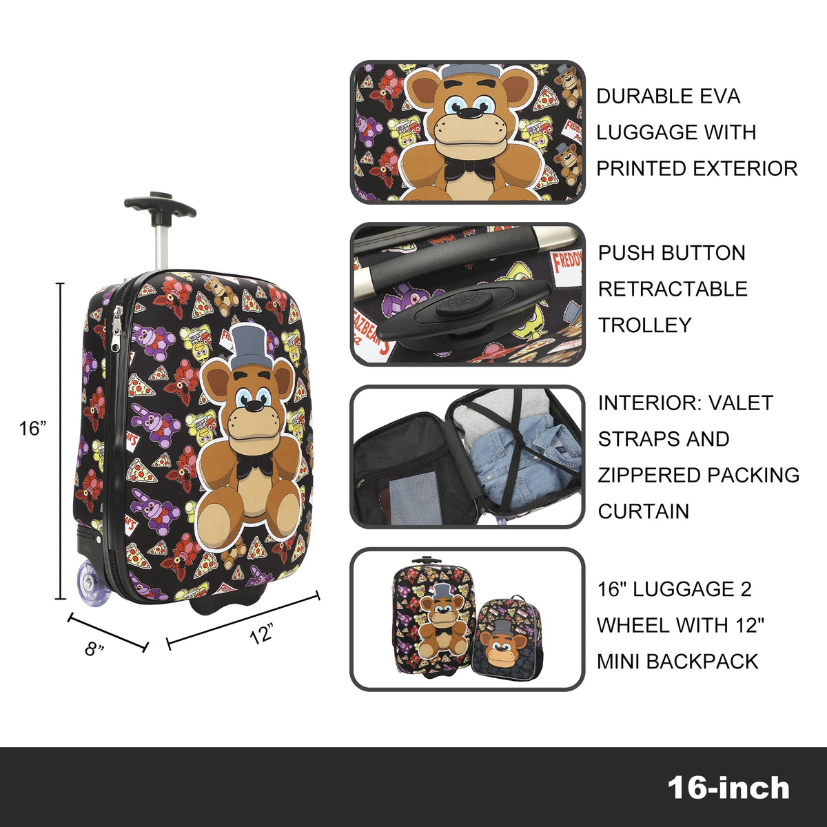 Five Nights At Freddy's Freddy Fazbear Character Print 2-Piece Youth EVA Wheeled Luggage & Travel Backpack Set