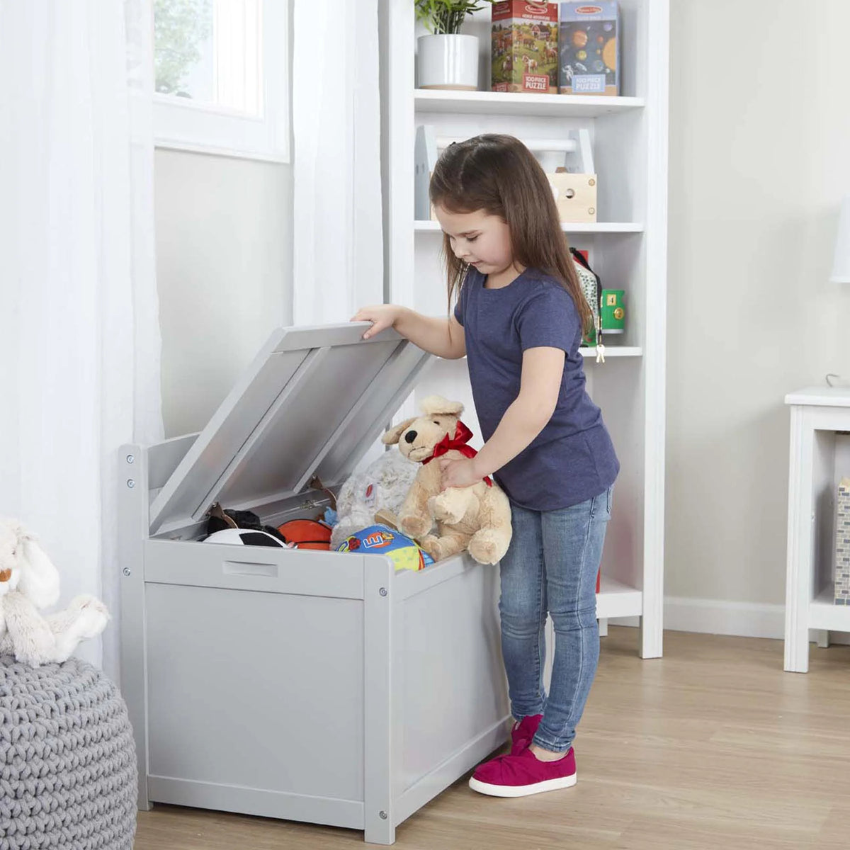 Melissa & Doug Wooden Toy Chest, Toy Storage Box (Gray) with Hinged-Lid, Playroom Furniture for Kids Ages 3+ [Wood]