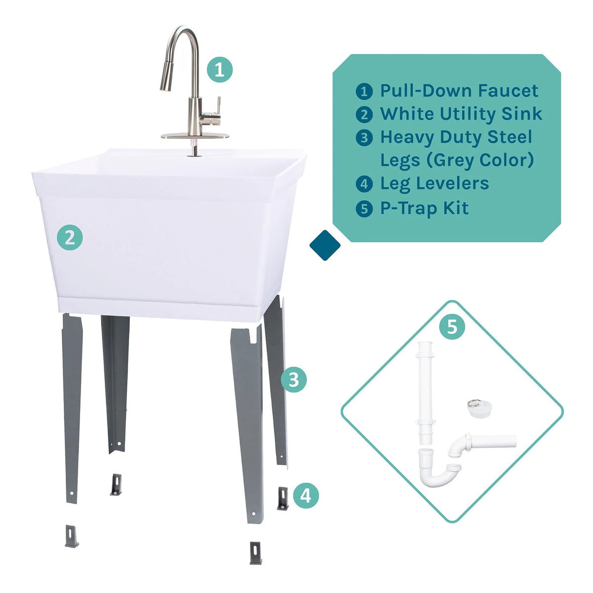 19 Gallon Laundry Sink with High Arc Stainless Steel Pull-Down Kitchen Faucet 6503SS