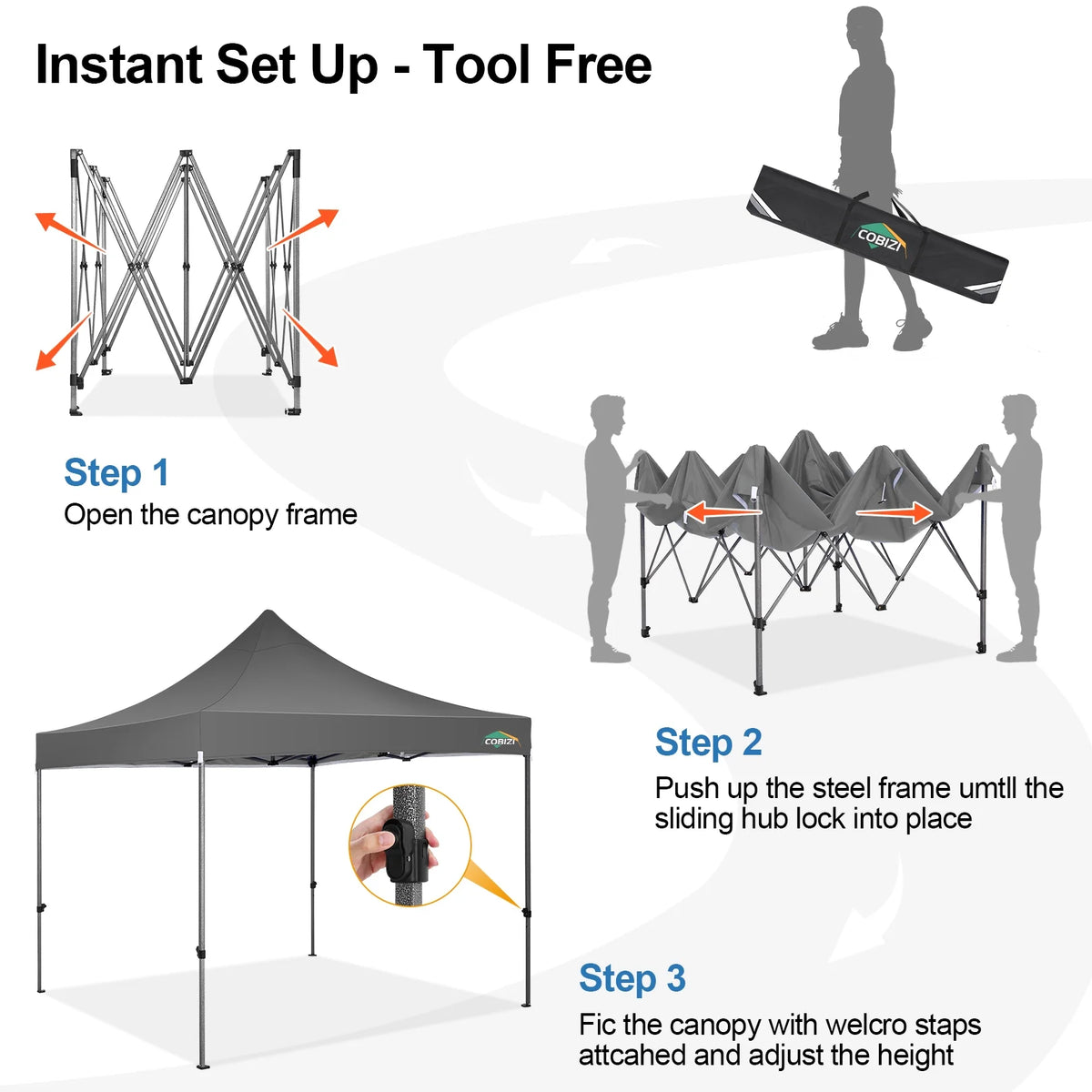 COBIZI 10x10 Heavy Duty Pop-up Canopy Tent for Outside, UPF 50+ Waterproof and Instant Outdoor Shelter, Outdoor Canopy for Beach,Party,Camping with Rope,Stake and Carrying Bag,White(Frame Thickened)