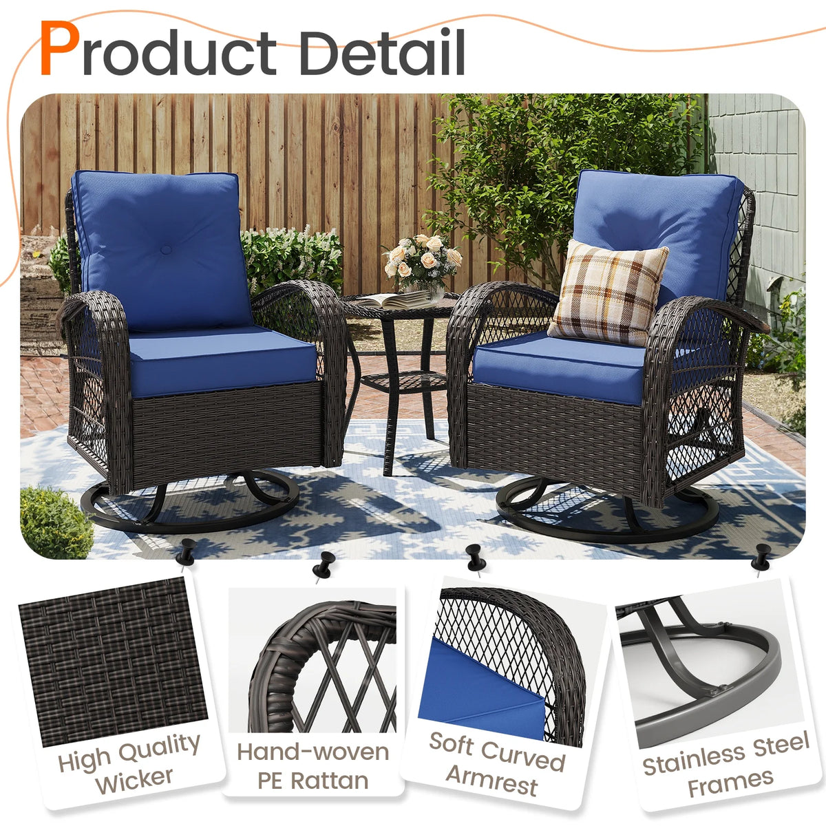 MRUAKA 3 Pieces Patio Furniture Set, Outdoor Swivel Gliders Rocker, Wicker Patio Bistro Set with Rattan Rocking Chair, Glass Top Side Table and Thickened Cushions (Khaki)