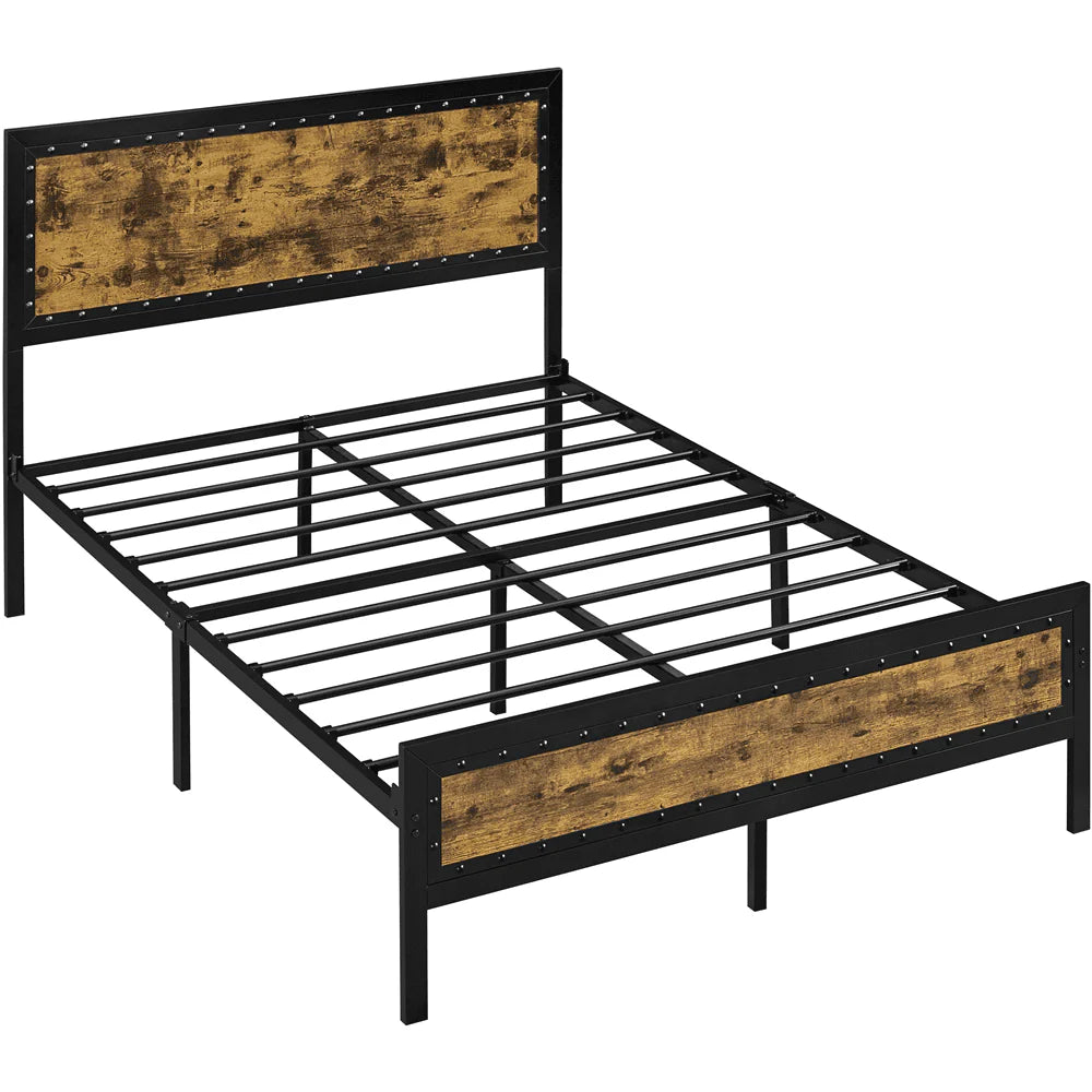 Topeakmart Industrial Metal Bed Frame with Wooden Headboard and Footboard, Full Size, Rustic Brown