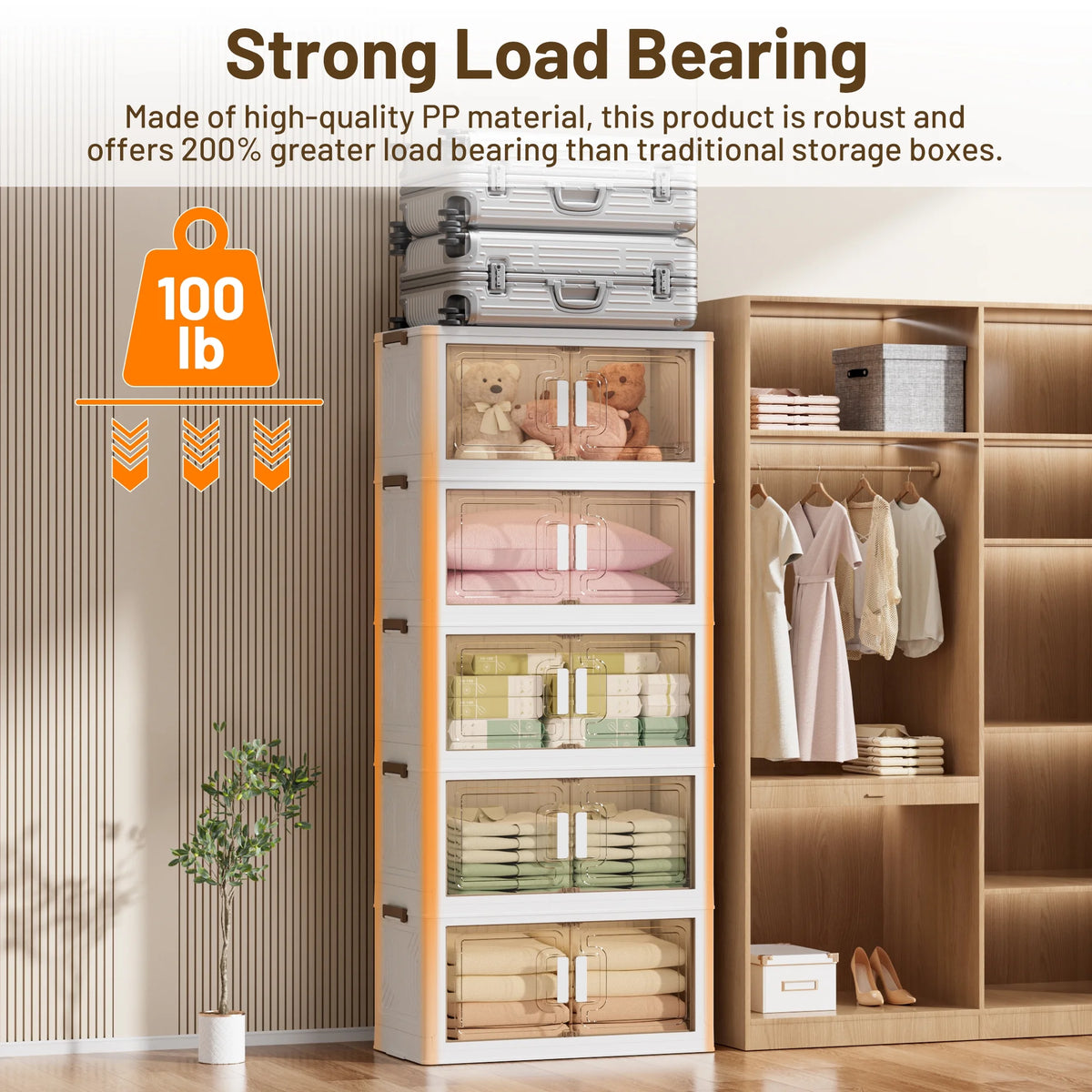 AZULLIA 290QT Stackable Plastic Collapsible Storage Bins with Lids, Wheels, Doors, 5 Pack GS01