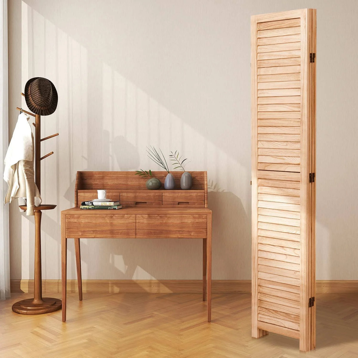 Privacy Screen 82.8'' W x 65'' H 6 - Panel Solid Wood Folding Room Divider, Natural,Outdoor Privacy Screen