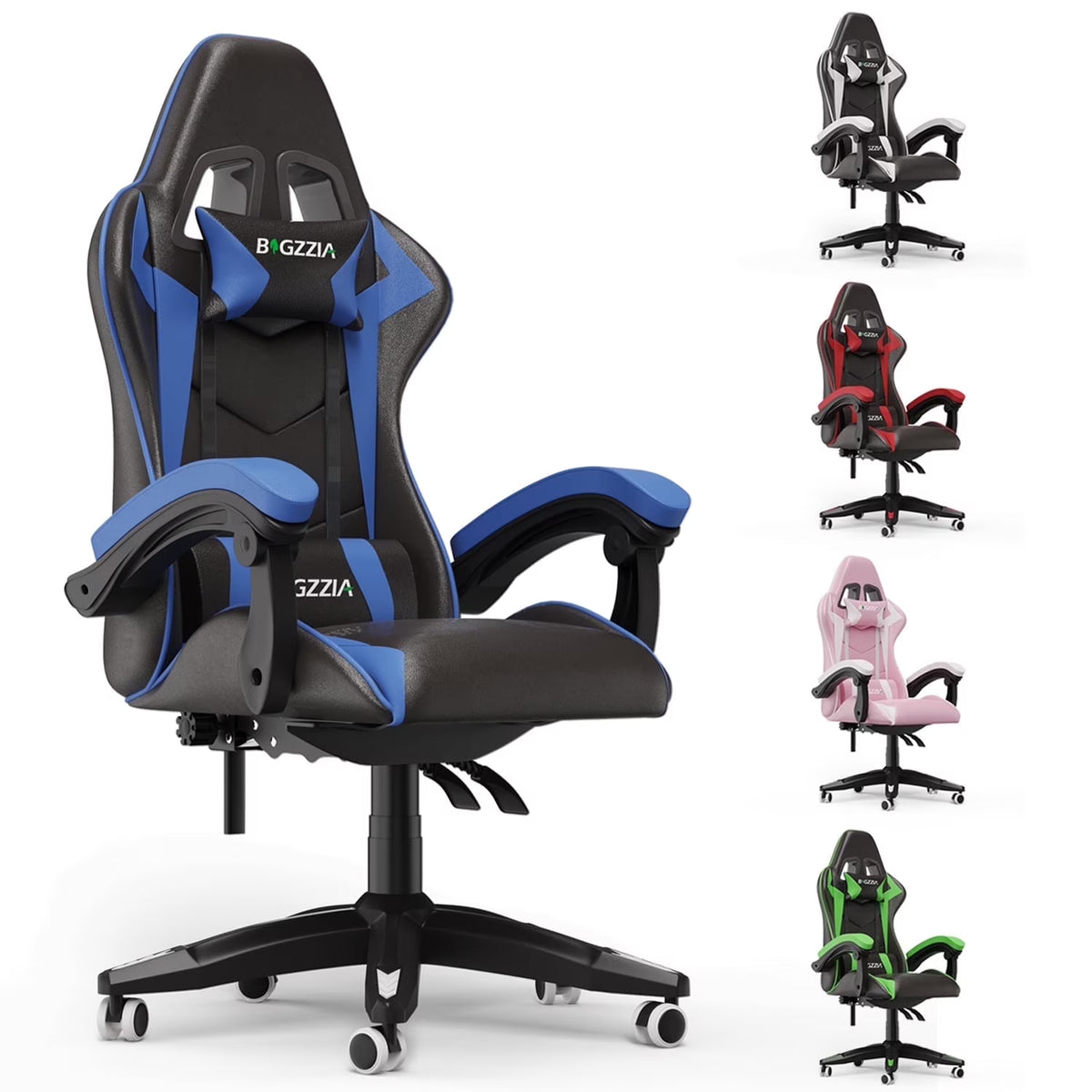 Bigzzia Gaming Chair Office Chair, Ergonomic Game Chair with Height Adjustable Headrest and Lumbar Support for Adults Teens, Black & White