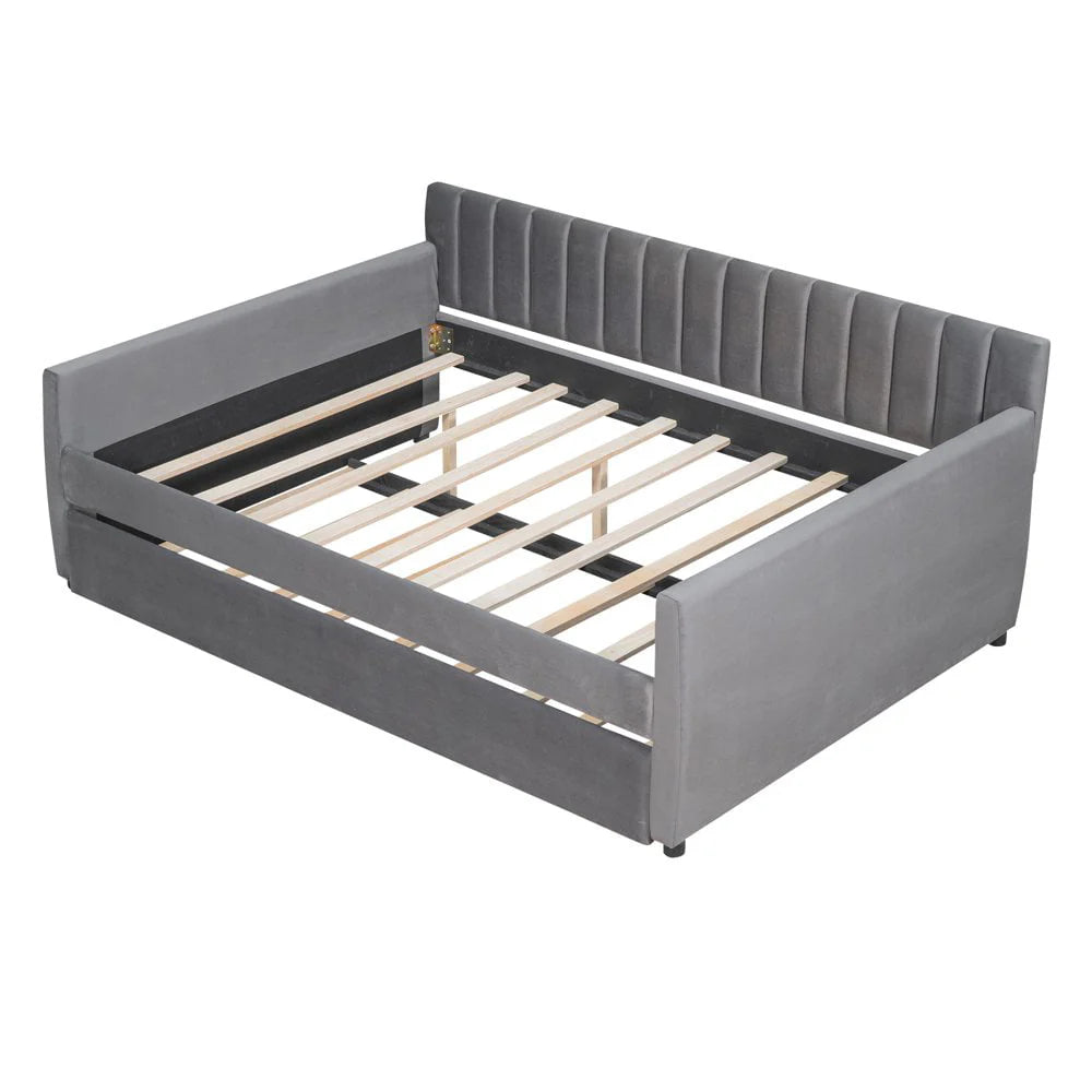 GZXS Full Size Upholstered Daybed with Trundle Bed for Living Room, Gray