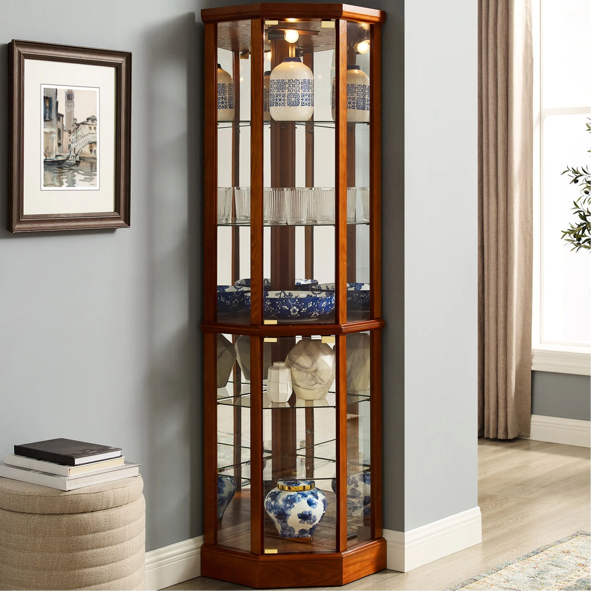 Walnut Cabinet With 6 Shelves, Adjustable Glass & Mirrored Back Design Shelf Lighted Corner Curio Shelves In