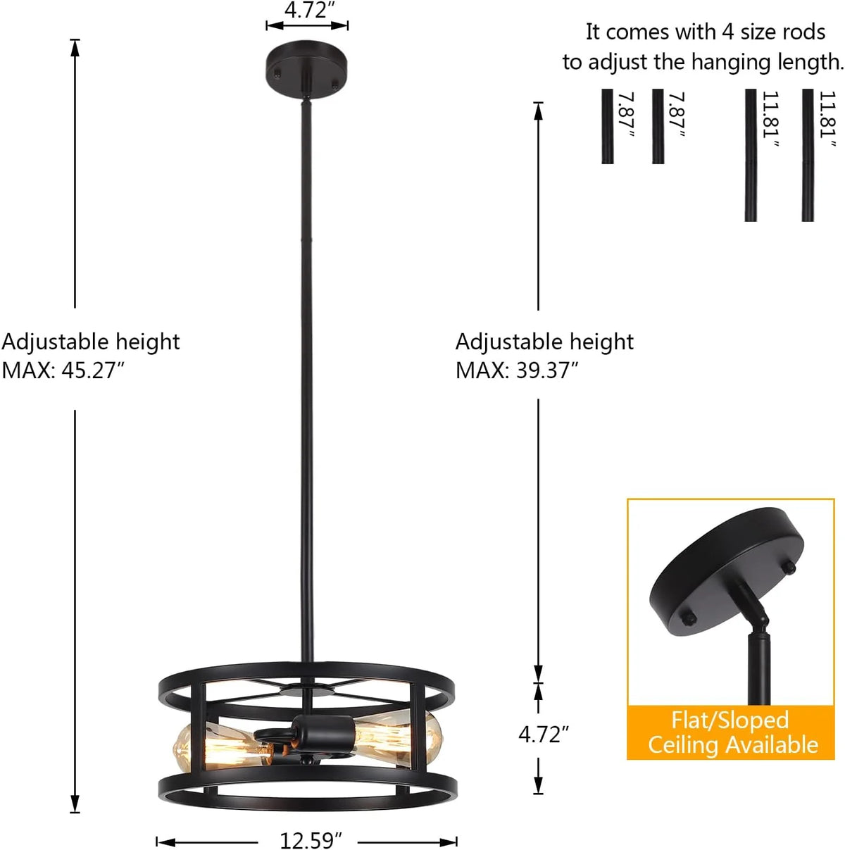 Industrial Black Semi Flush Mount Ceiling Light,Farmhouse Kitchen Light Fixtures,2 Light Metal Ceiling Light Fixture,Sloped Ceiling Light Fixture for Dining Romm Hallway Entryway