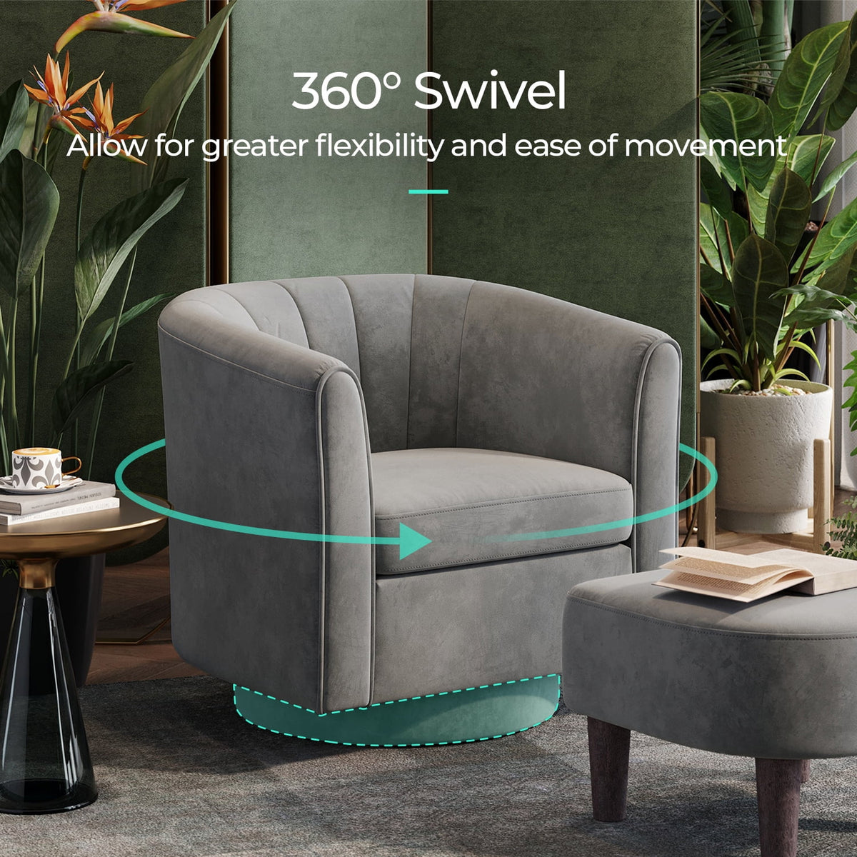 LINSY HOME Swivel Accent Chair with Ottoman, Velvet Barrel Chair for Living Room, Blue