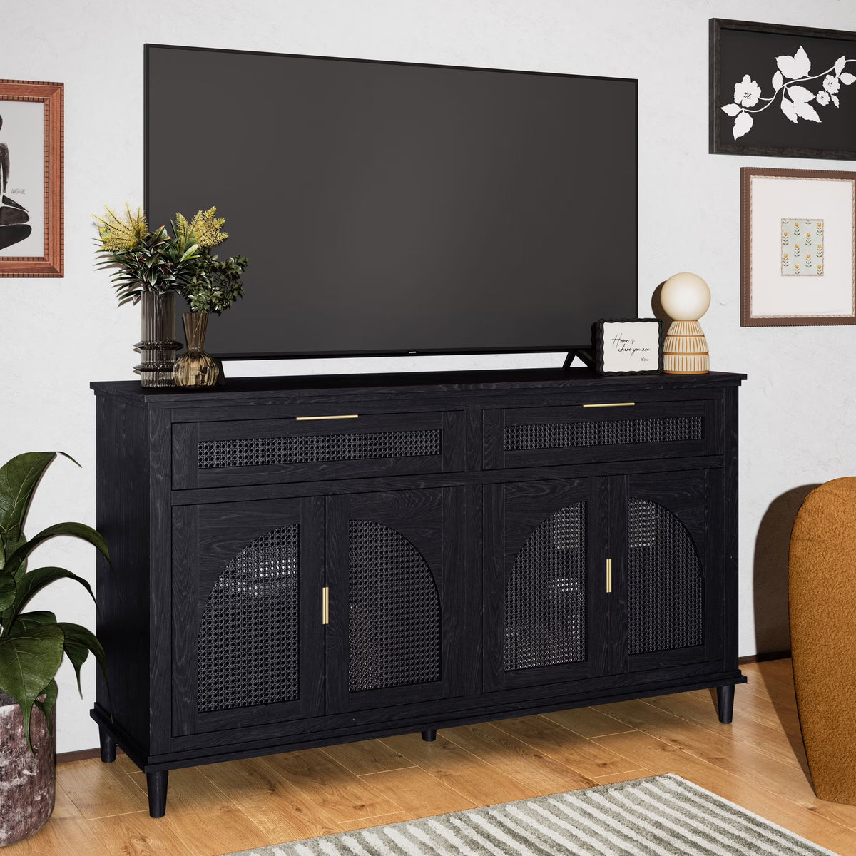 Beautiful Drew Rattan Media Console with Teched Away Drawer by Drew Barrymore, Warm Honey Finish