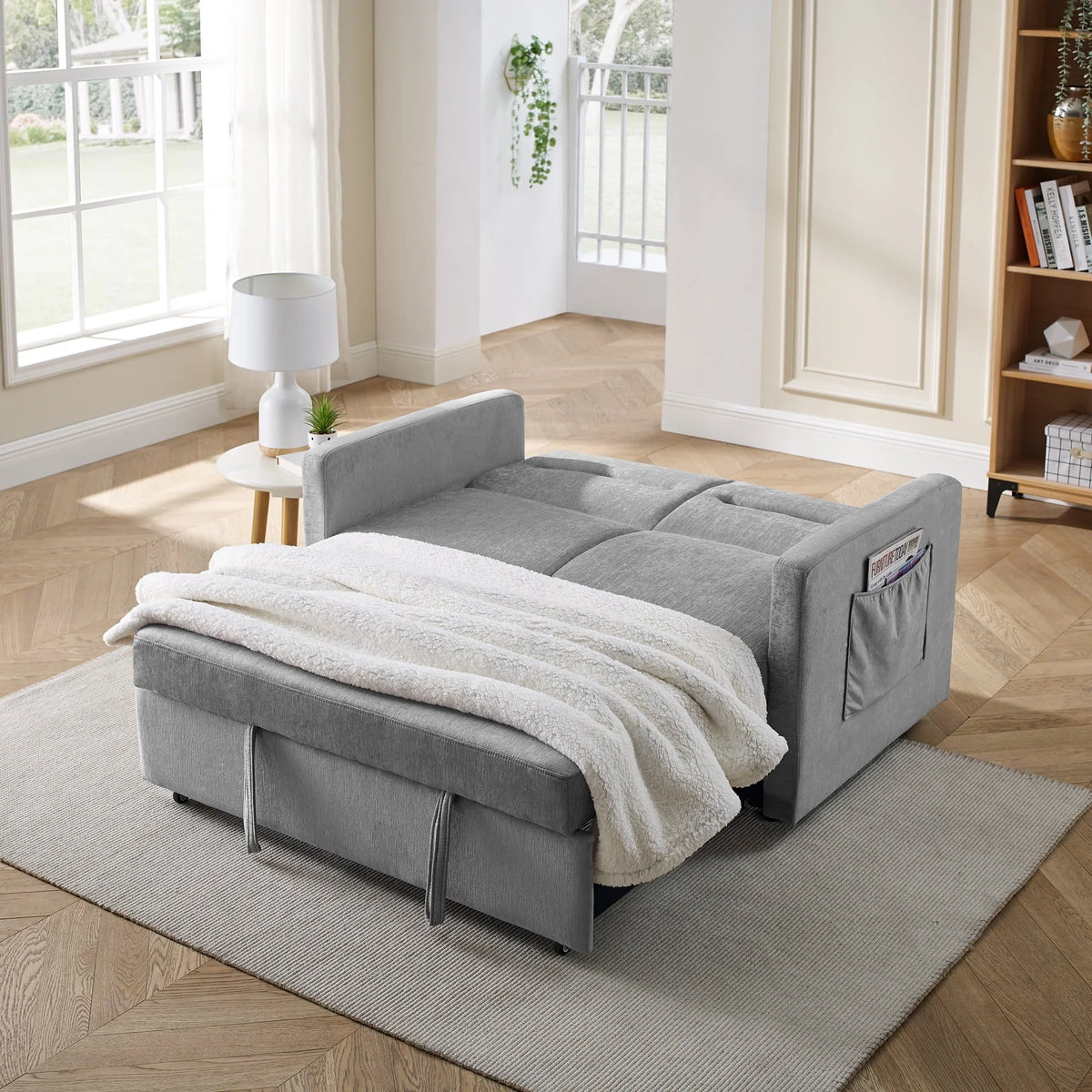 KINFFICT Small Sofa Bed, Modern Sofa Sleeper with Pull Out Bed, Upholstered Chenille Loveseat Sleeper for Living Room, Gray