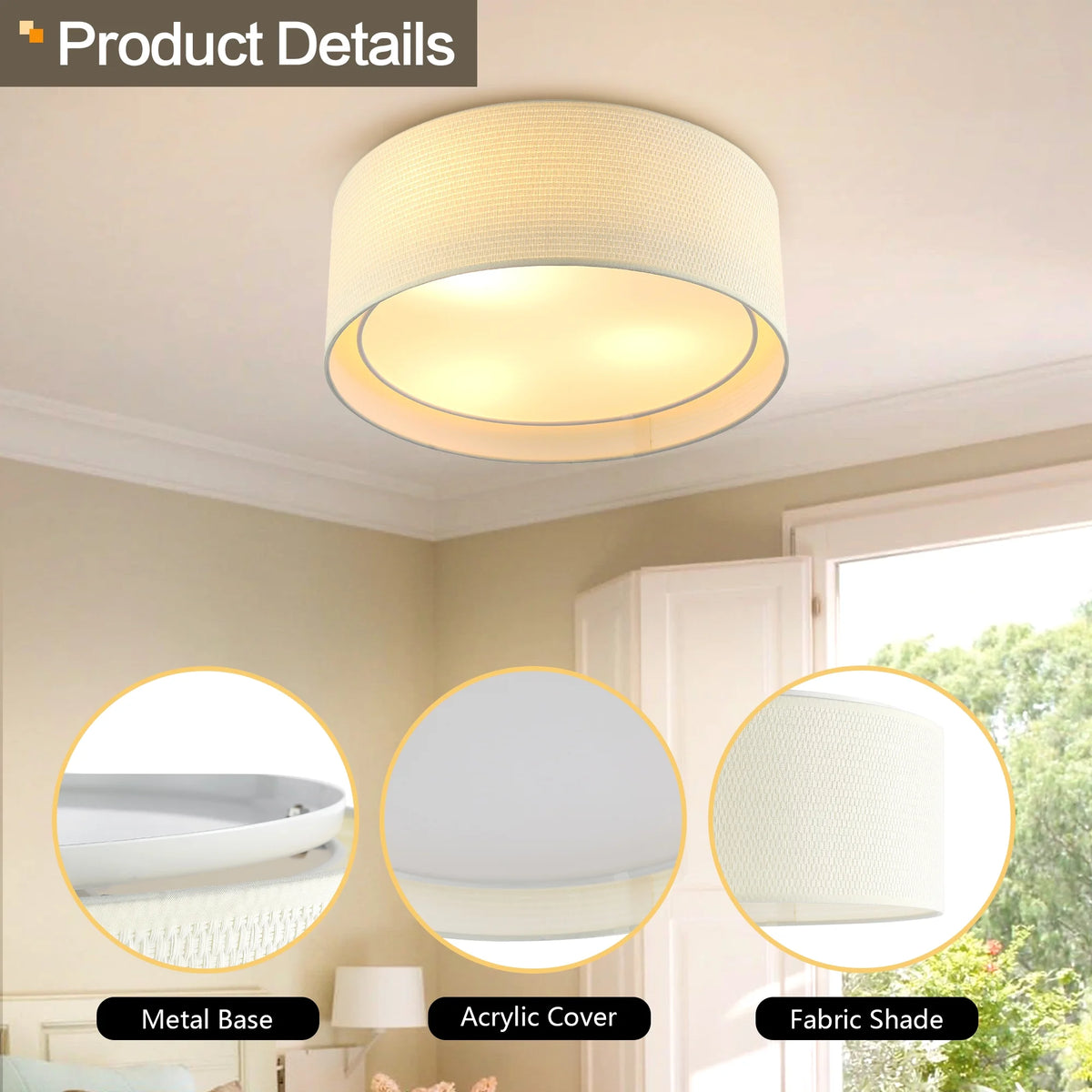 LEDET 15.7 in. Yellow Flush Mount Ceiling Light Rattan Weaving Shade Home Decor Pendant Lighting