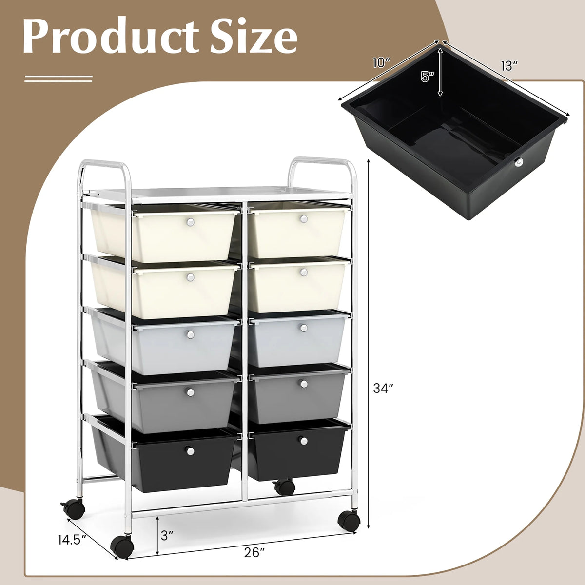 Gymax 10-Drawer Rolling Storage Cart Tools Scrapbook Paper Organizer on Wheels Black Gradient