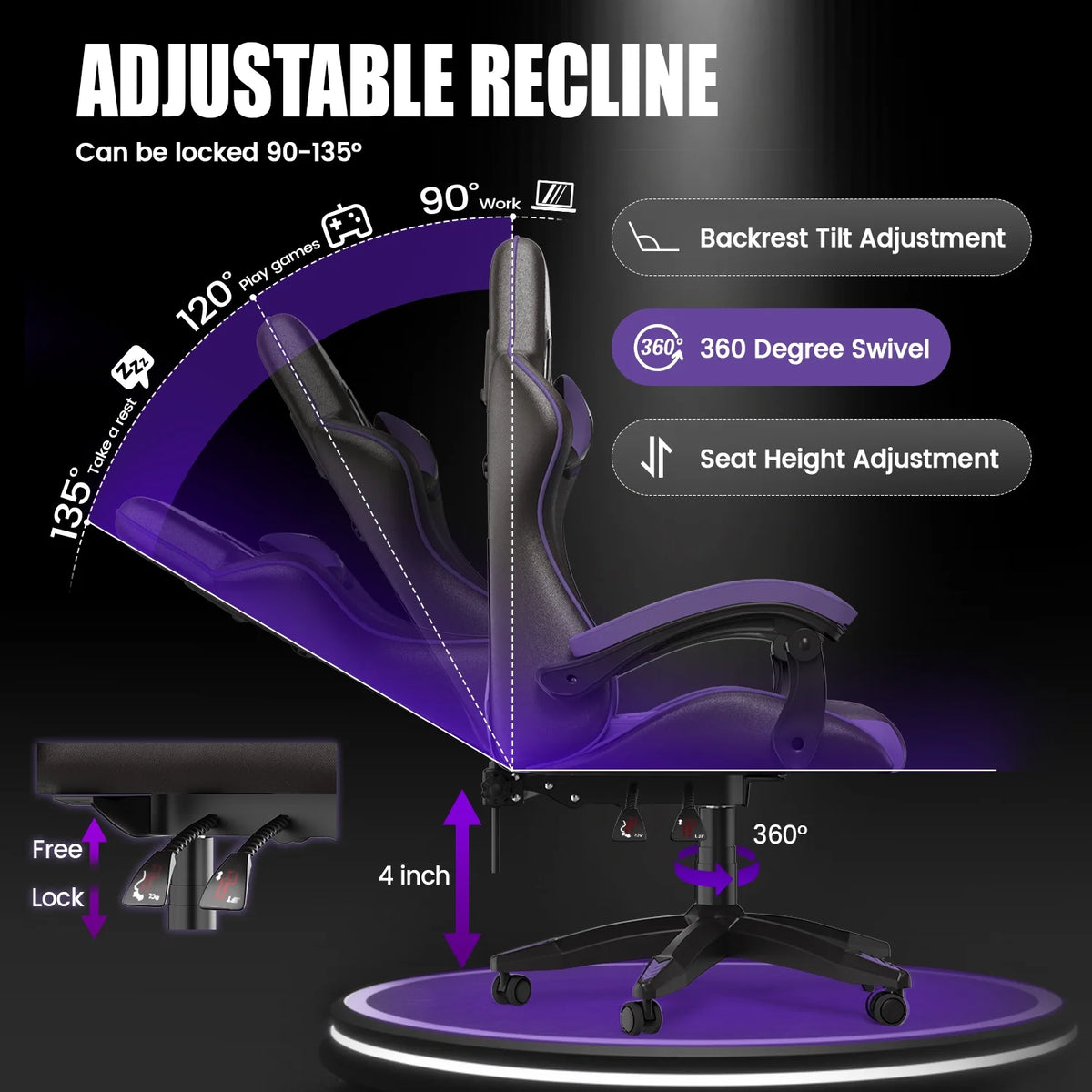 Bigzzia Gaming Chair Office Chair, Ergonomic Game Chair with Height Adjustable Headrest and Lumbar Support for Adults Teens, Black & White