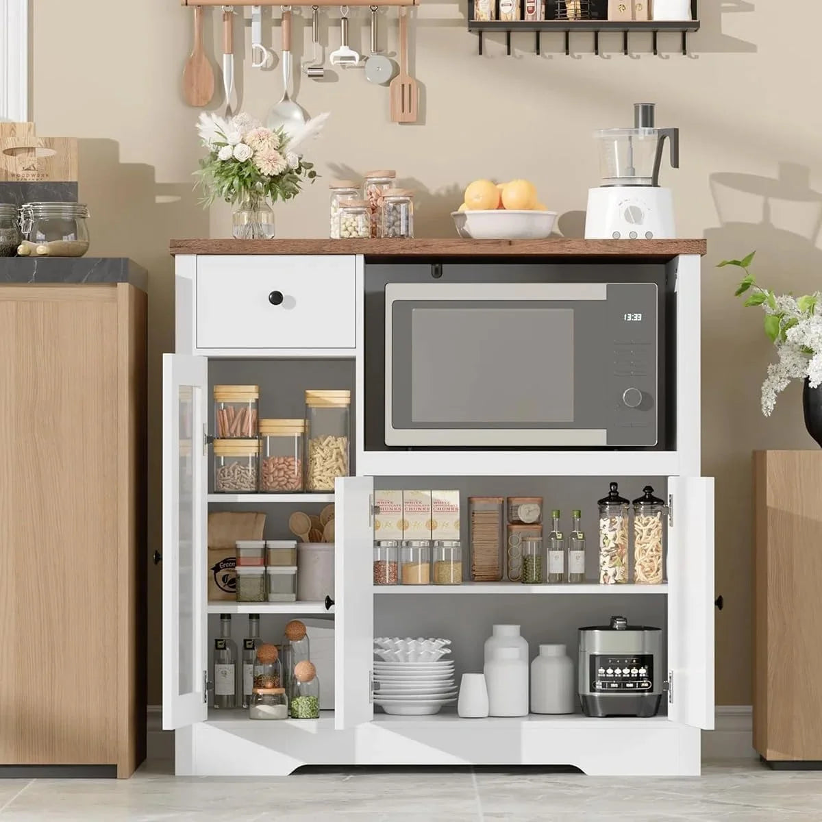 Kitchen Microwave Cabinet with Storage,Buffet Sideboard with 3 Doors, 1 Drawer & Adjustable Shelves, Pantry Storage Cabinet, White