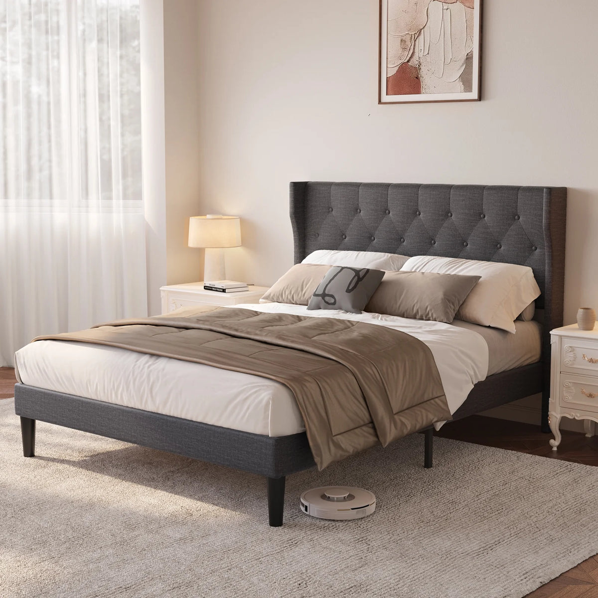 Lofka Queen Size Bed Frame with Upholstered Wingback Headboard Beige Finish