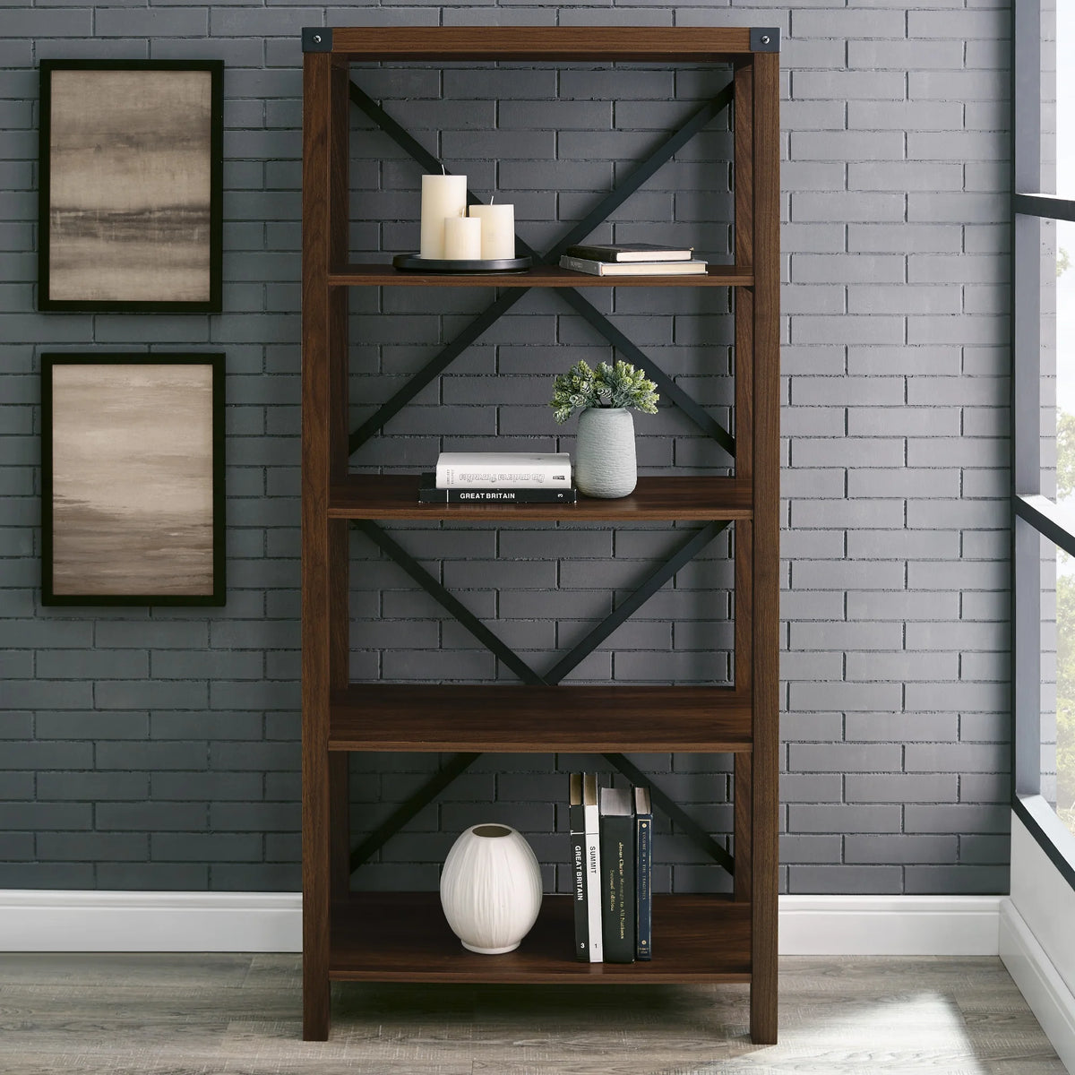 Walker Edison Rustic Industrial 4-Shelf Bookcase, Dark Walnut