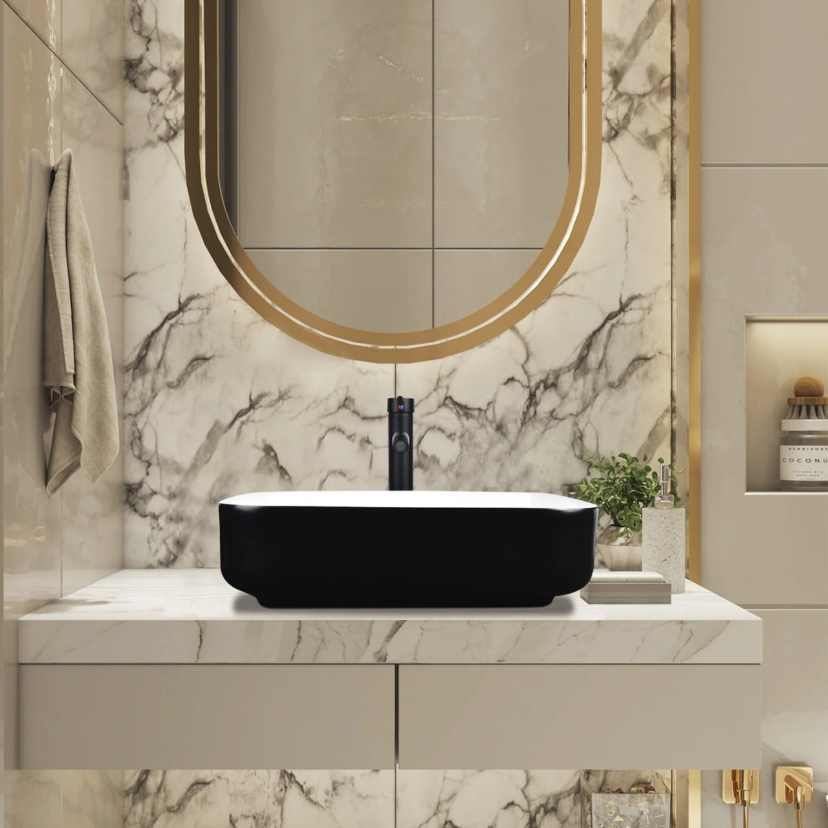 FULLWATT Bathroom Ceramic Sink Vanity Vessel Basin Porcelain Faucet Drain Combo Rectangle,White