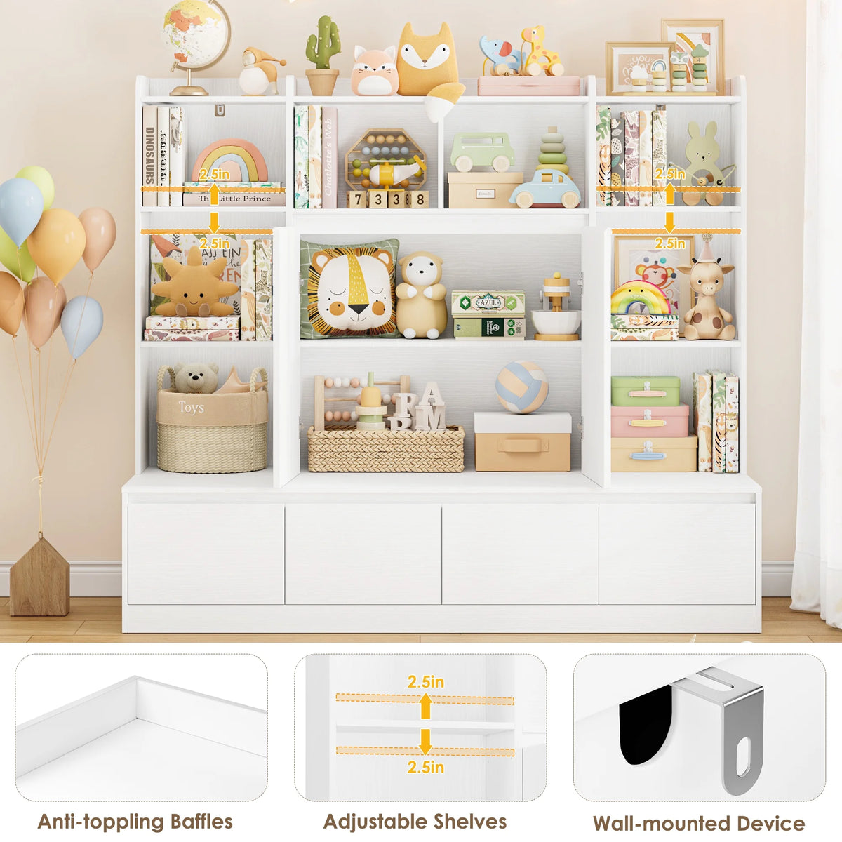 Homfa 10 Cubes Kids Toy Storage Organizer, 4 Drawers Kids Bookcase and Bookshelf with Doors & Adjustable Shelves for Playroom Kids Room, White