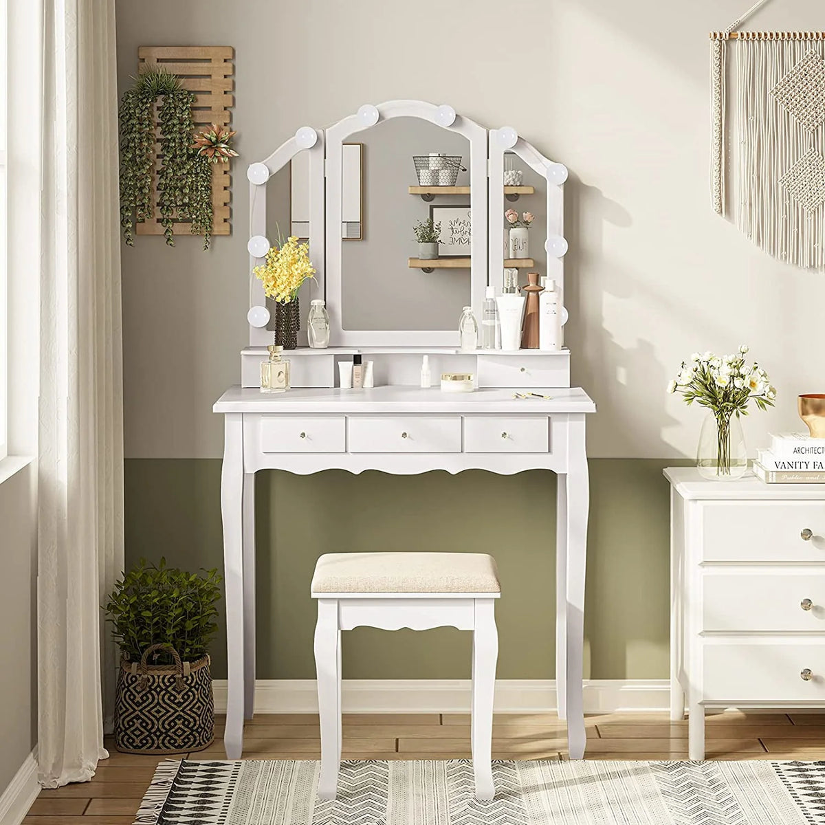 Vanity Table Set with Lighted Tri-Folding Mirror and Cushion Stool, White