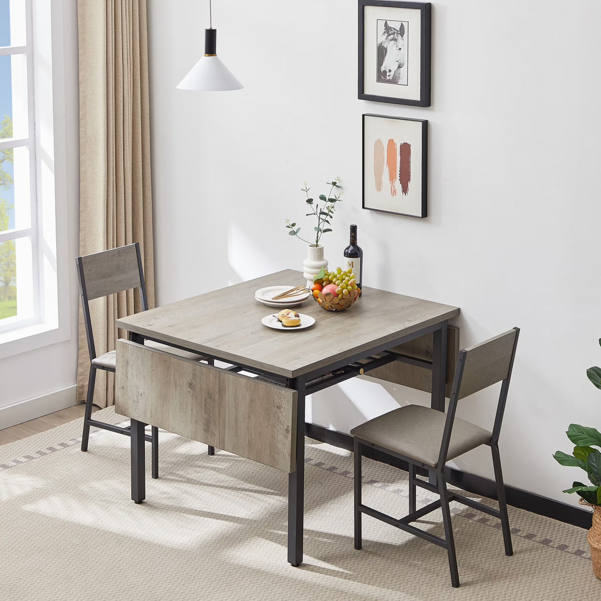 Drop Leaf Kitchen Table for 2-6 People, Small Folding Dining Table with Storage Rack and 1.2 Inches Thick Table Top, Extendable Dining Table for Apartment, Small Spaces, Grey