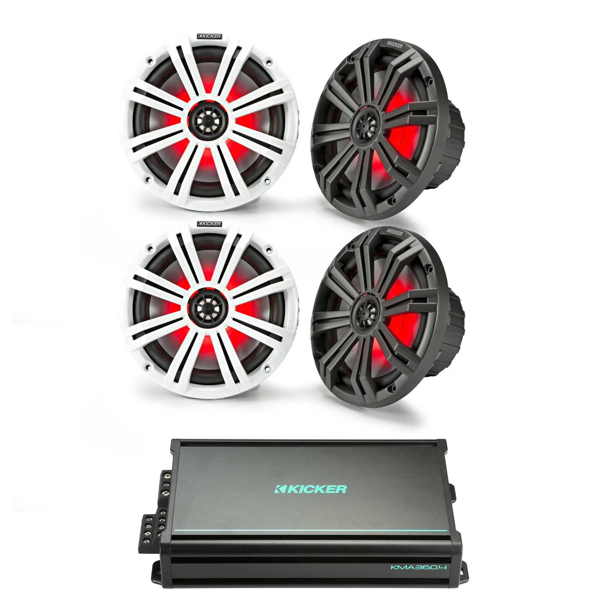 Kicker Marine Amplifier Speaker Bundle 8" LED Speaker (2 Pair) with 4 Channel Amp