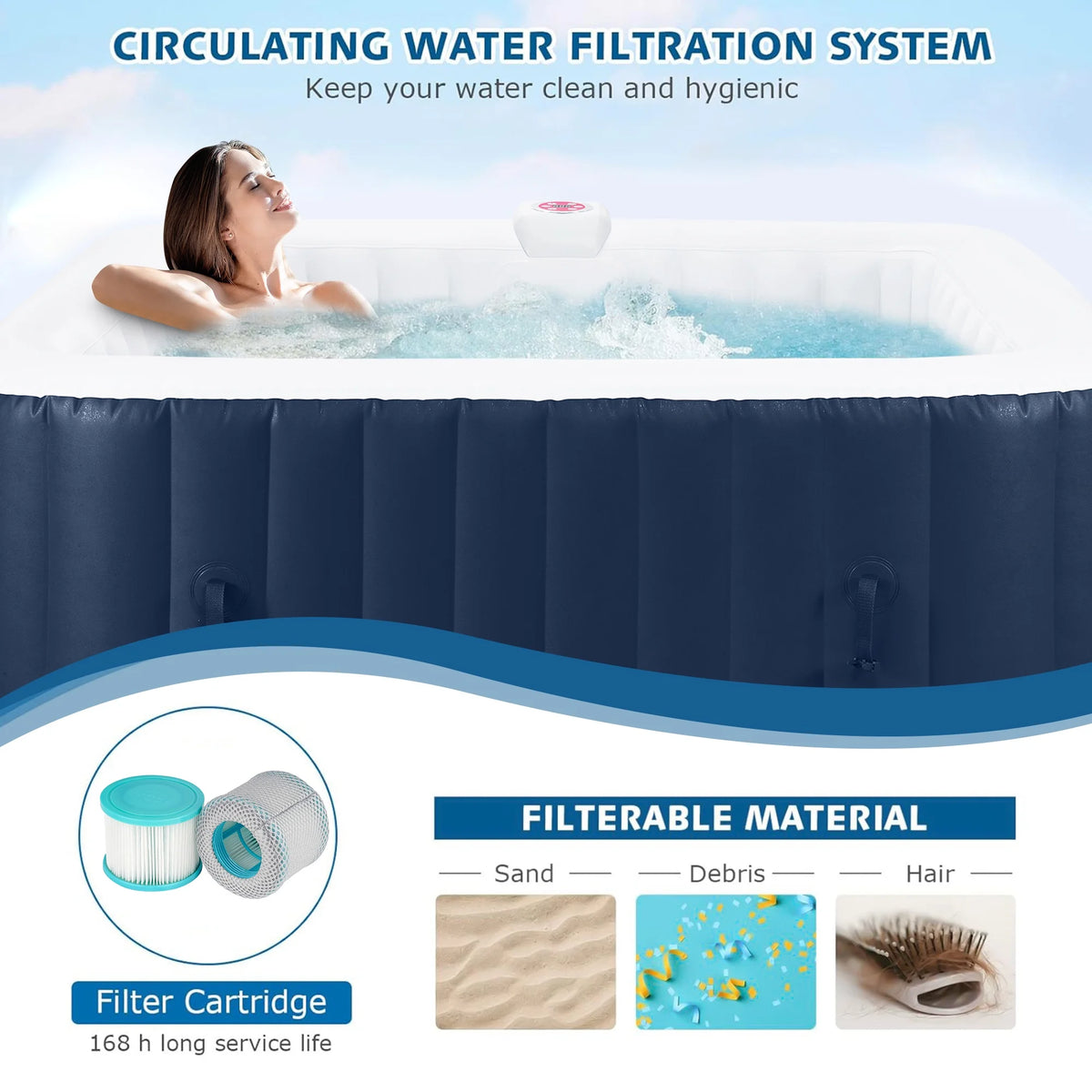73 inch 4-6 Person Inflatable Hot Tub Spa with Control Panel, Outdoor Portable Hottub with 130 Jets, Insulated Tub Cover and Floor Protector, Temperature up to 104°F, Gray