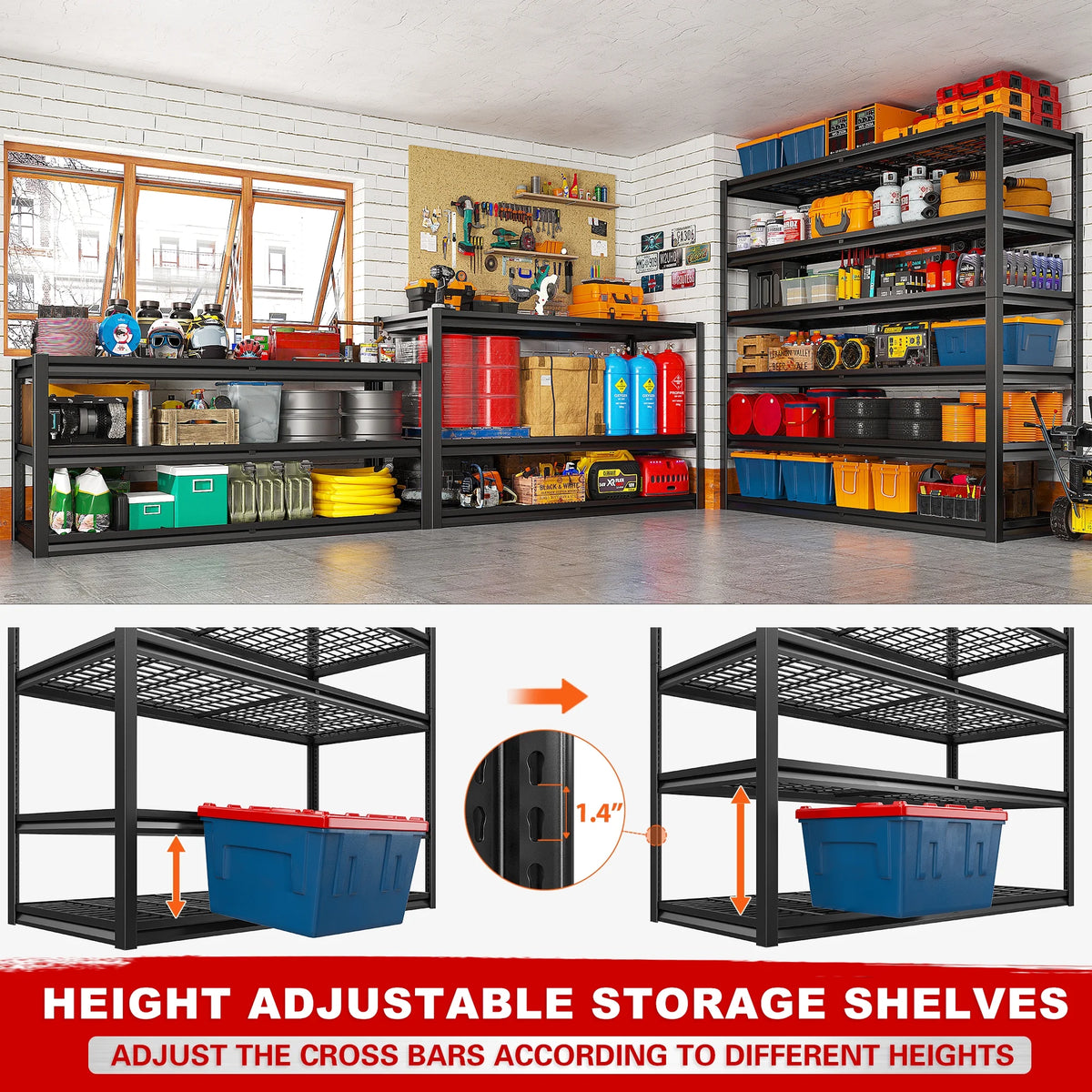 REIBII 55" W Wire Shelving Garage Shelves Heavy Duty 3000lbs Adjustable 5-Tier Storage Rack