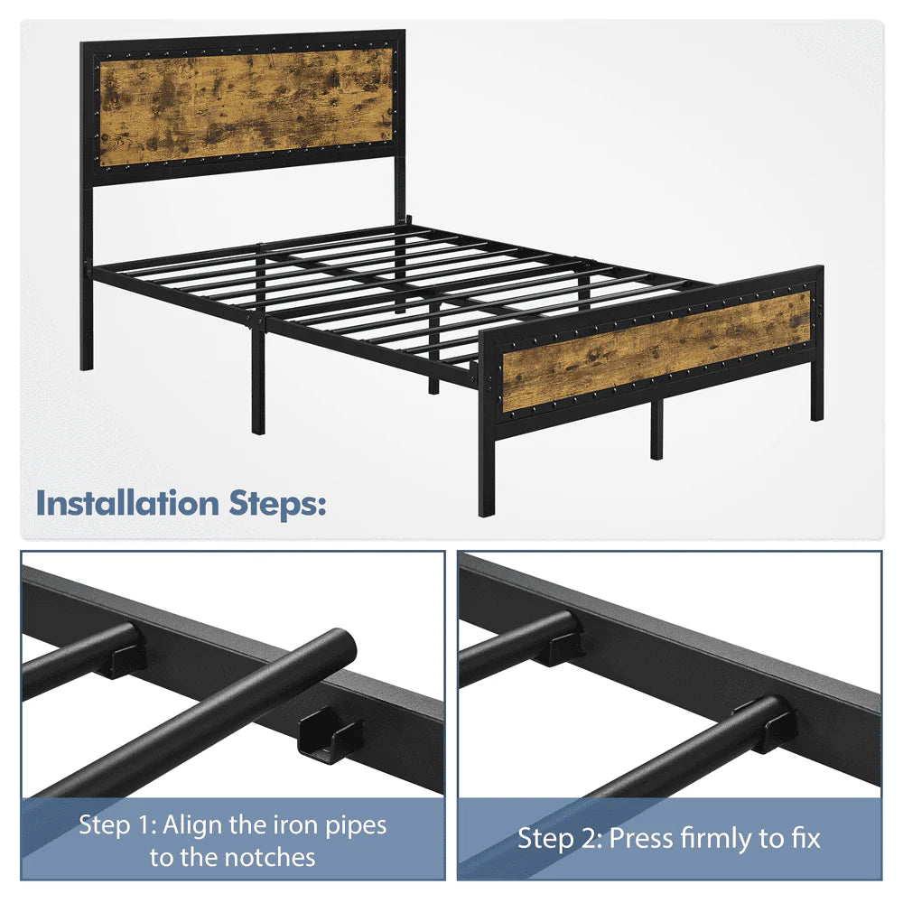 Topeakmart Industrial Metal Bed Frame with Wooden Headboard and Footboard, Full Size, Rustic Brown