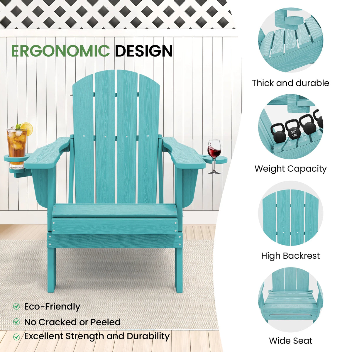 SERWALL Folding Adirondack Chair Set with Dual Cup Holders & Phone Holder, All-Weather HDPE Fire Pit Chairs for Outdoor, Patio, Poolside, Garden - Black