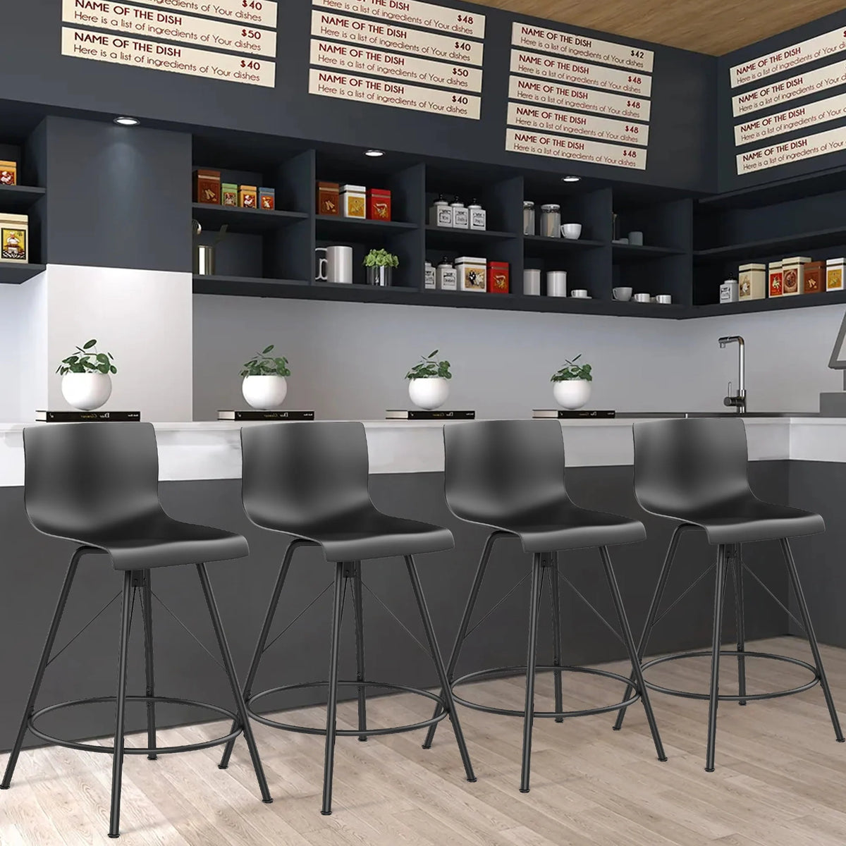 Andeworld 24" Swivel Bar Stools with Backs Plastic Counter Height Stools Set of 4 Metal Legs Black