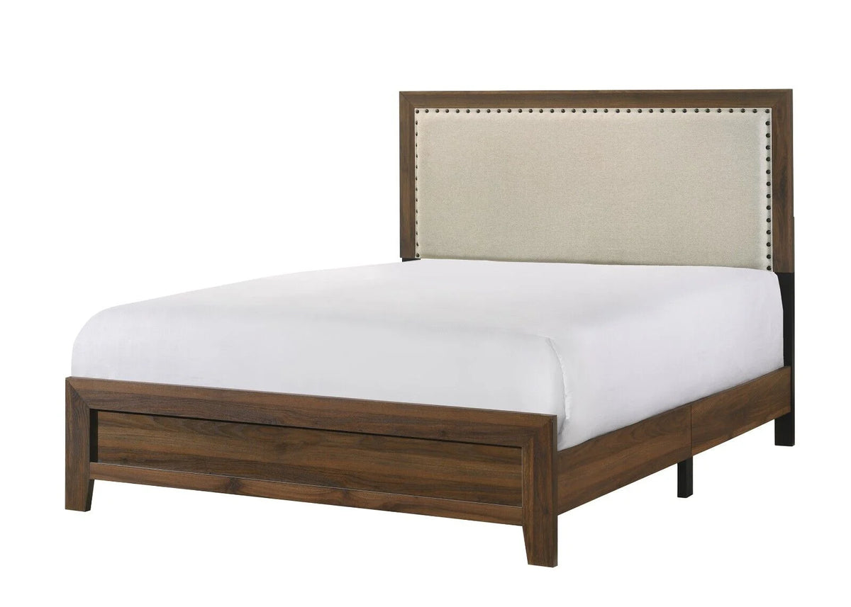 Beautiful Brown Cherry Finish 4Pc Full Size Upholstered HB Panel Bed Set Wooden Bedroom Furniture