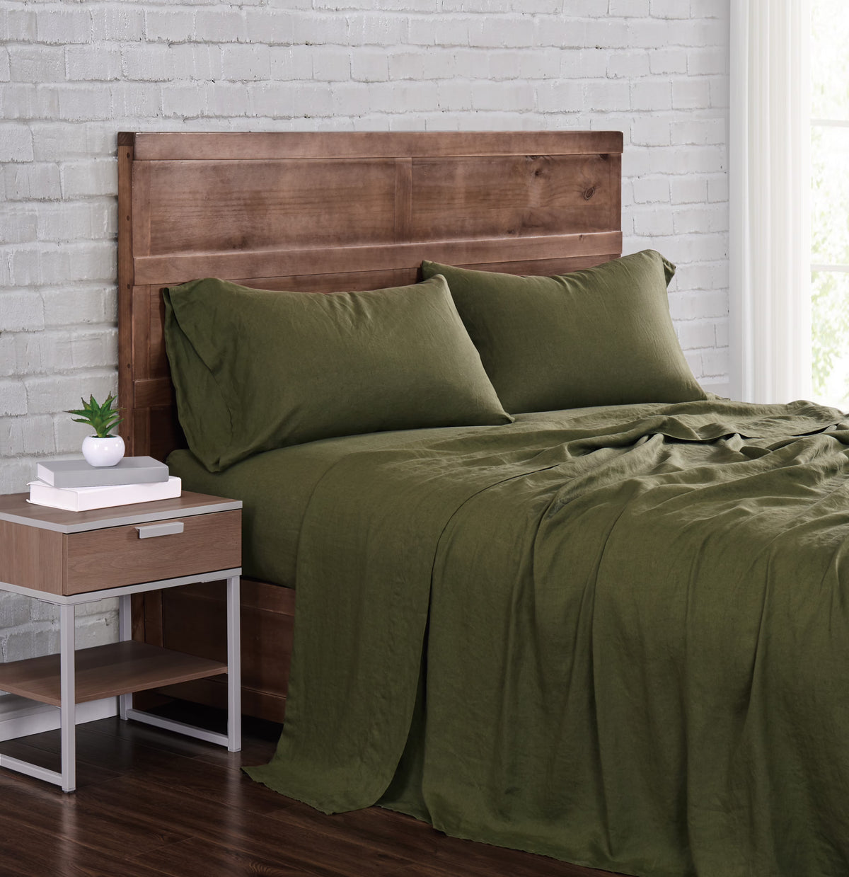 Brooklyn Loom Flax Linen 100% Linen Deep Pocket Olive Green 4-Piece Queen, All Season, Adult Size, OEKO-TEX Certified