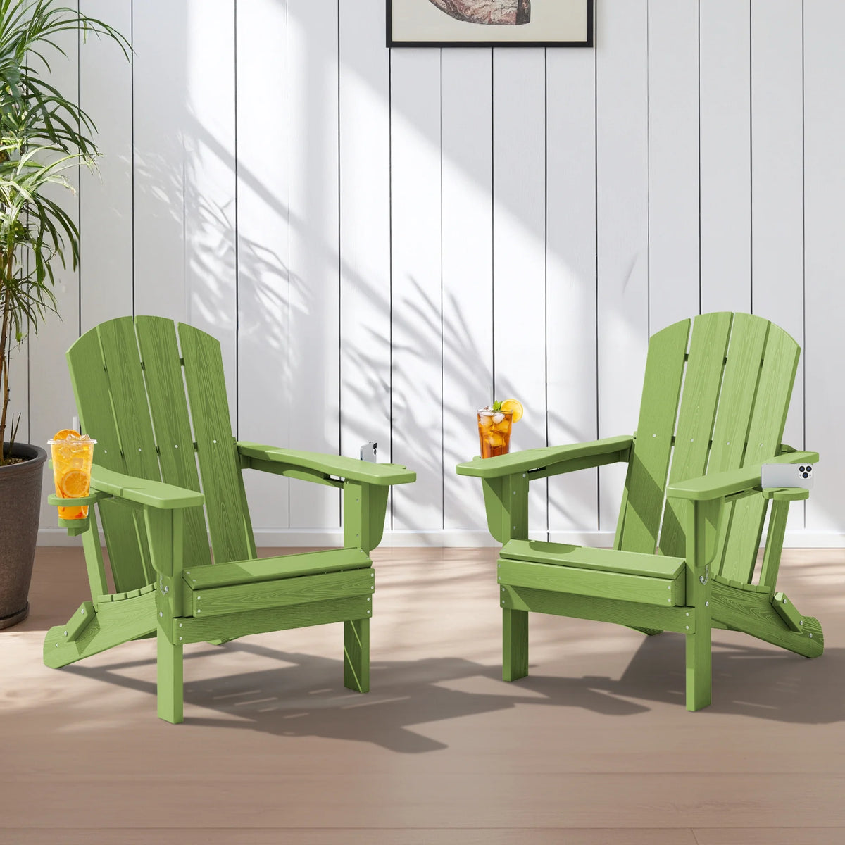 SERWALL Folding Adirondack Chair Set with Dual Cup Holders & Phone Holder, All-Weather HDPE Fire Pit Chairs for Outdoor, Patio, Poolside, Garden - Black