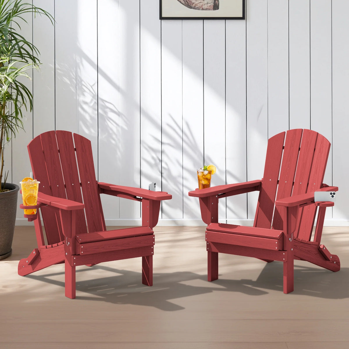 SERWALL Folding Adirondack Chair Set with Dual Cup Holders & Phone Holder, All-Weather HDPE Fire Pit Chairs for Outdoor, Patio, Poolside, Garden - Black