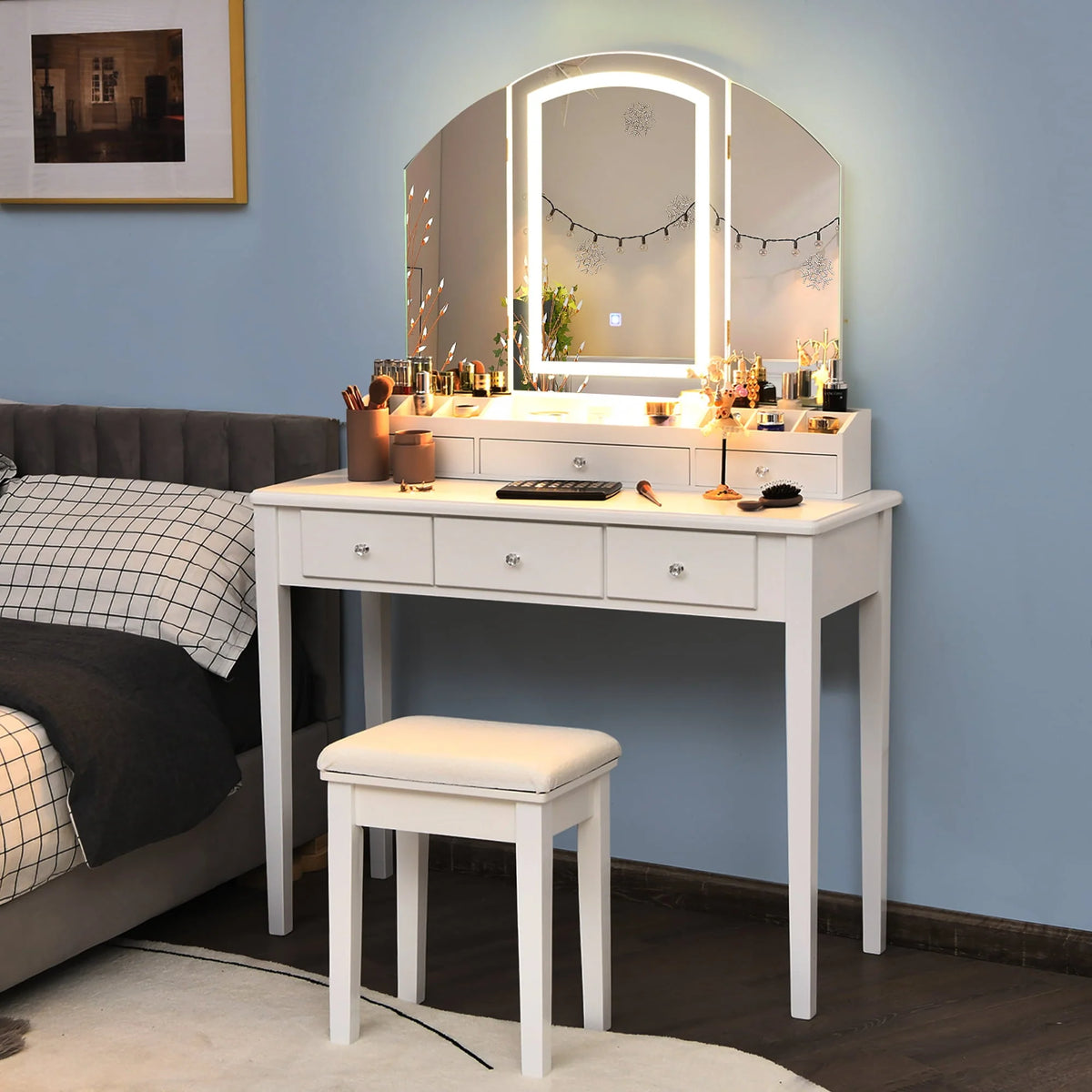 Costway Vanity Table Stool Set Large Tri-folding Lighted Mirror 6 Drawer Dresser White