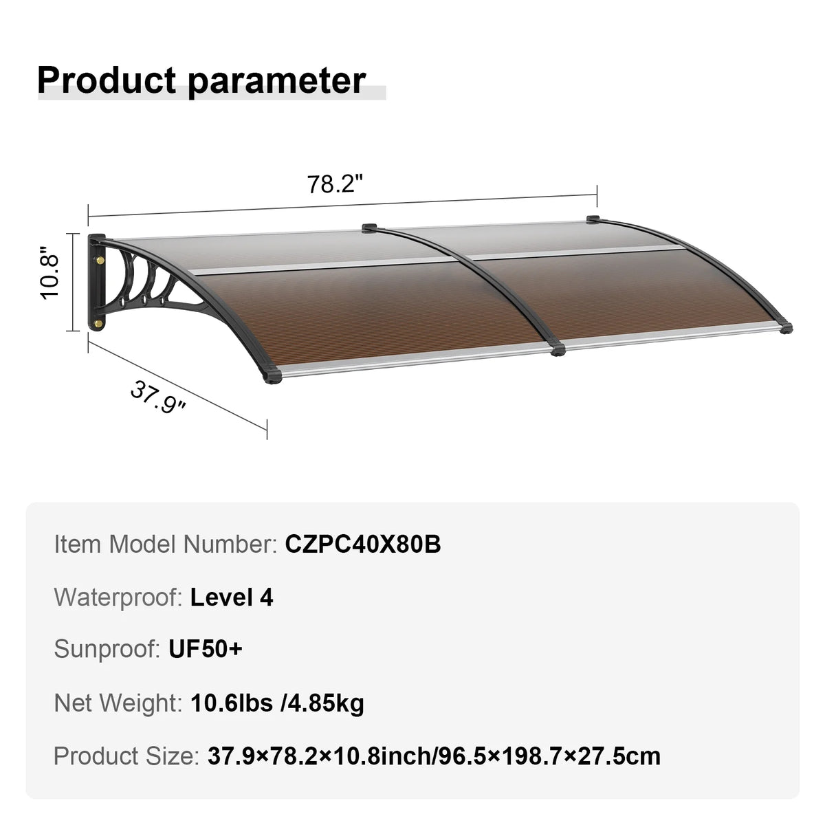 BENTISM Window Door Awning Canopy UV Rain Cover 38" x 78" PC Sheet Brown