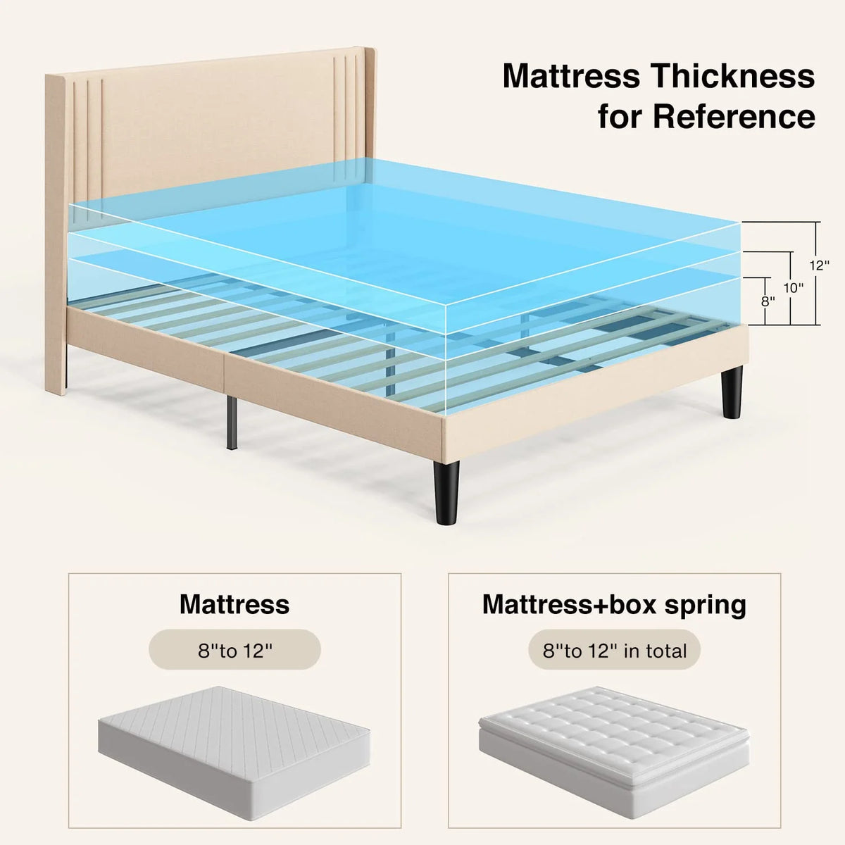 Full Size Bed Frame with Headboard, Under-Bed Storage, 850lbs, Beige