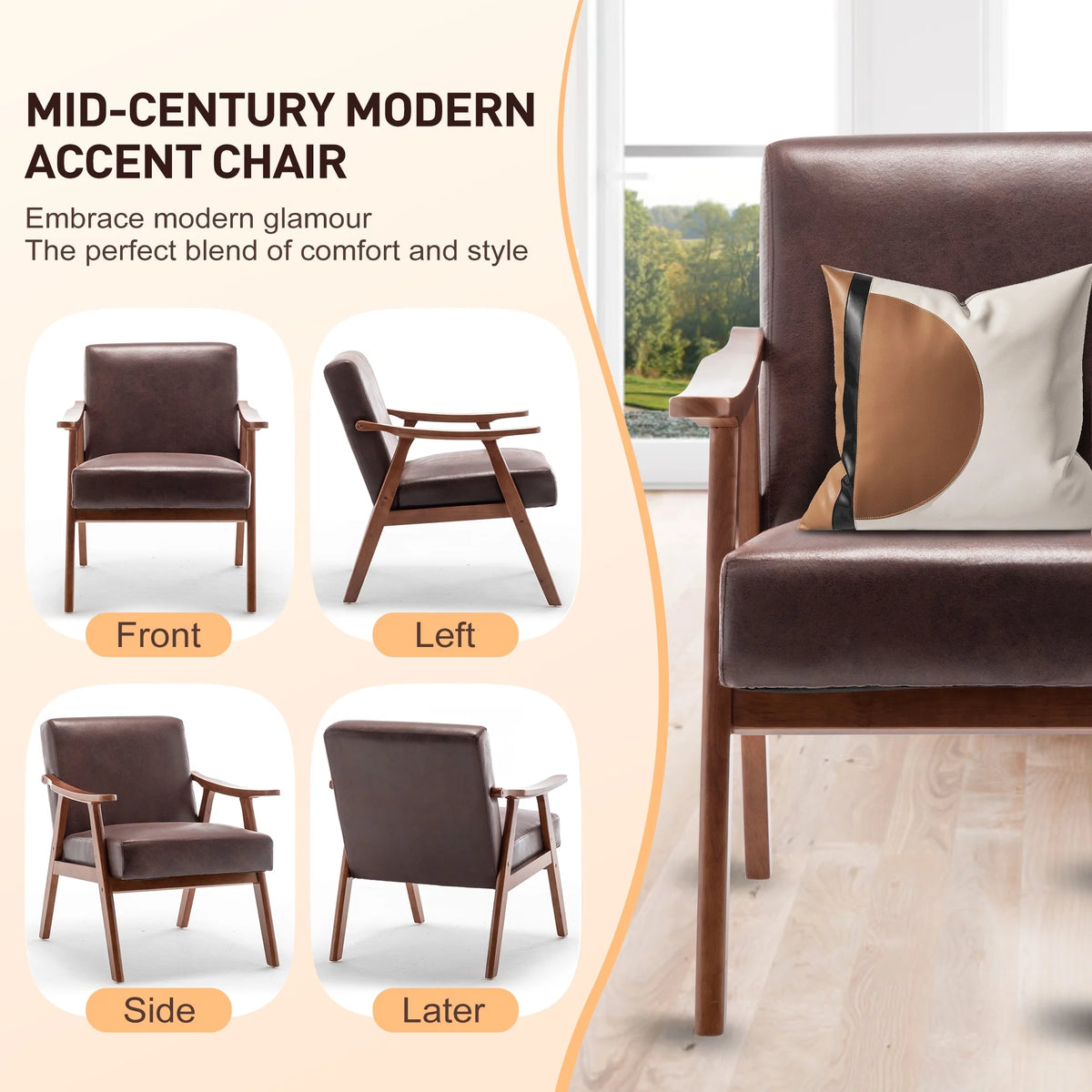 JONPONY Mid-Century Accent Chair,Living Room Chair with Solid Wood Frame,Accent Chair Extra-Thick Backrest,Wingback Chair for Bedroom,Reading Room,Living Room,Small Space,Black