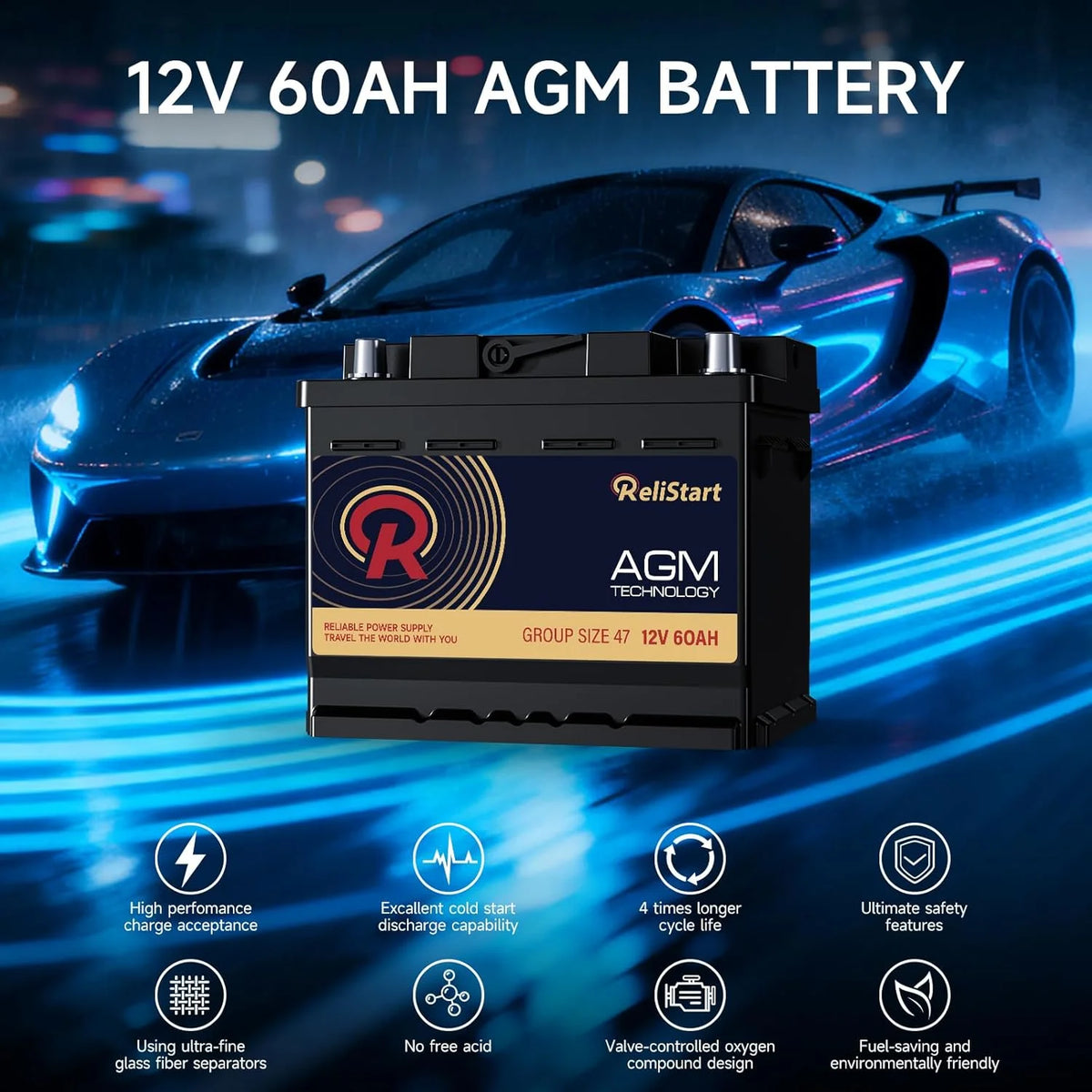 Relistart AUX14 Auxiliary Battery, 12V 14Ah AGM Battery, 200CCA, Rechargeable AGM Car Battery, Maintenance Free 36 Months Warranty