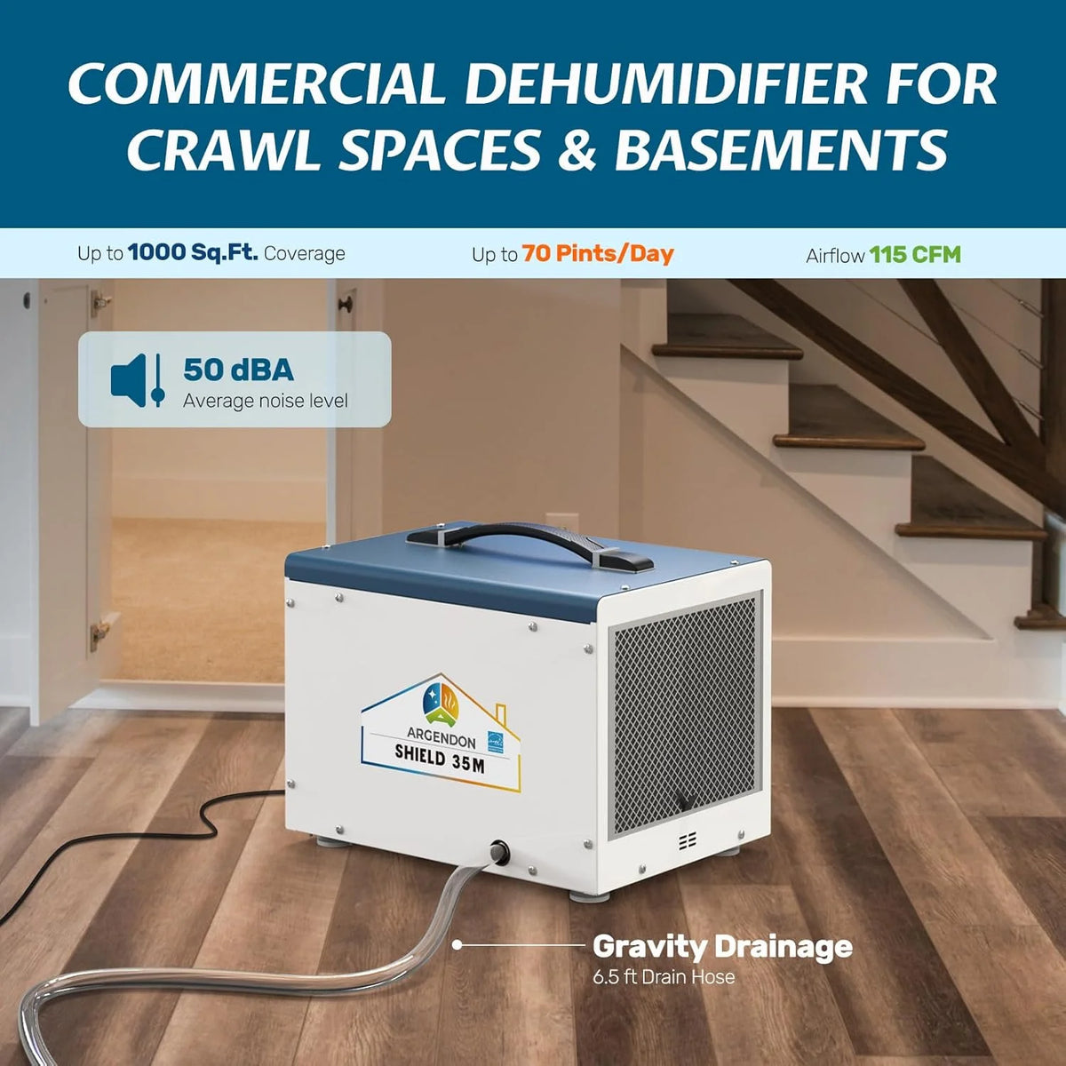 ARGENDON Dehumidifier with Drain Hose for Crawlspace Basement, Energy Star 1000 Sq Ft