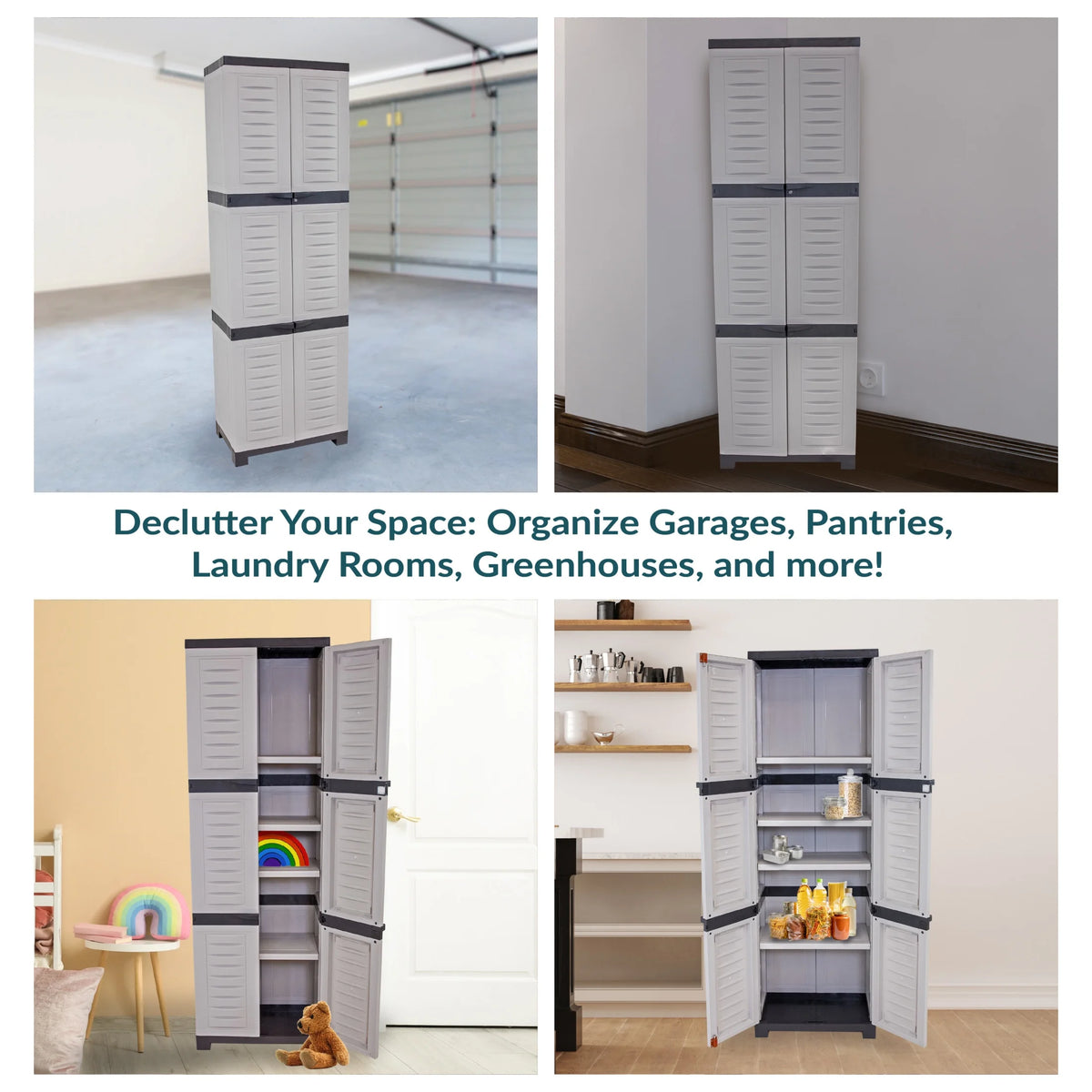 Sunnydaze Lockable Adjustable 72" Plastic 4-Shelf Freestanding Garage Storage Cabinet, Charcoal with Gray Trim