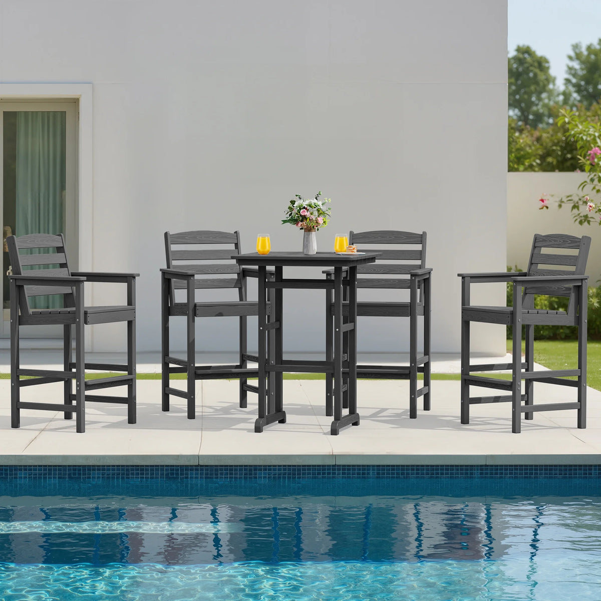 SERWALL Tall Adirondack Chairs and Table 3 Pieces Set, Adirondack Bar Height Chairs Set of 2 and Bar Table, Outdoor Barstools Set for Balcony, Poolside, Backyard, Grey