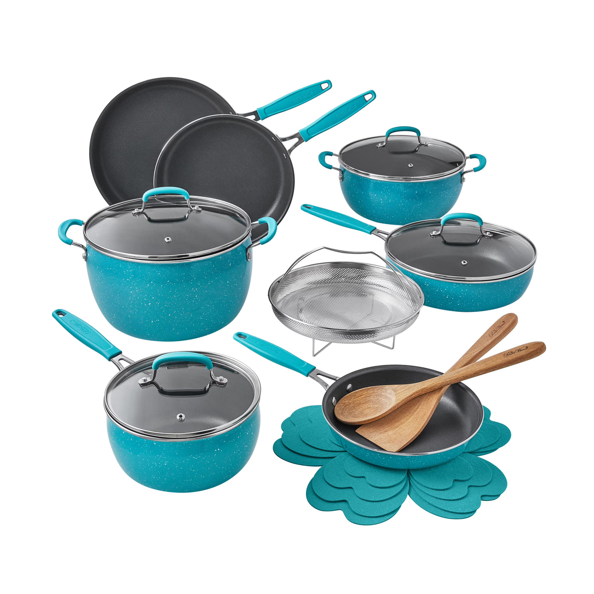 The Pioneer Woman Frontier Speckle 18 Piece Nonstick Aluminum Cookware Set, Blue