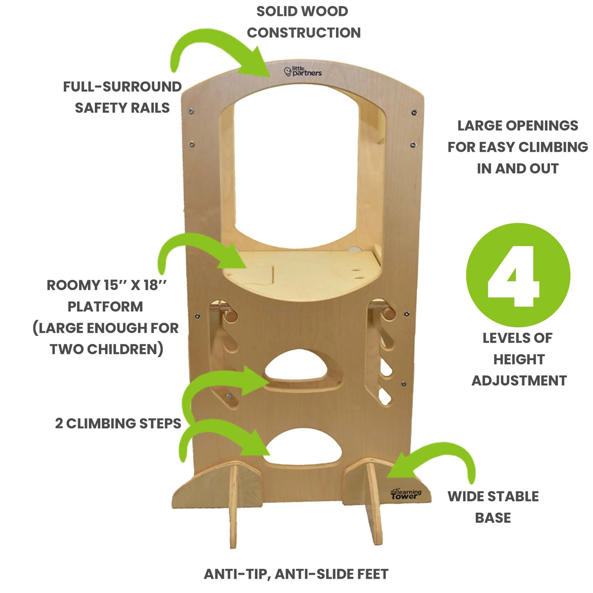 Little Partners Learning Tower Adjustable Height Kitchen Step Stool, Toddler Tower, Encourages Learning, Independence, and Engagement, Safety Climbing Tower for Kitchen Counter - Soft White