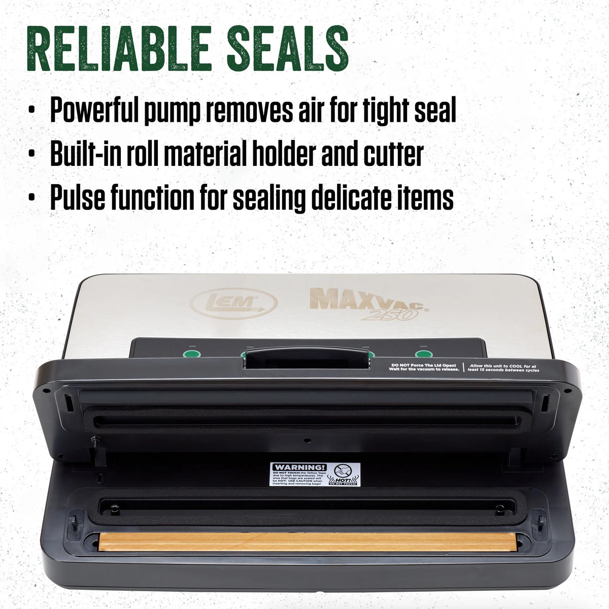 LEM Products MaxVac 250 Stainless Steel Vacuum Sealer with Built-In Bag Holder and Cutter, Silver and Black