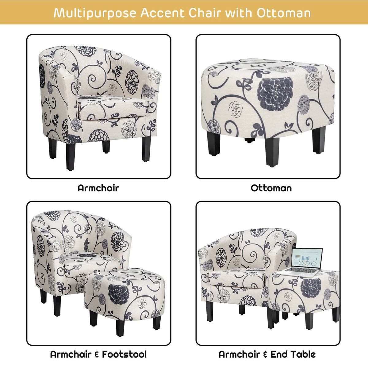 Gymax Modern Accent Tub Chair&Ottoman Set Fabric Upholstered Club Chair Grey Floral